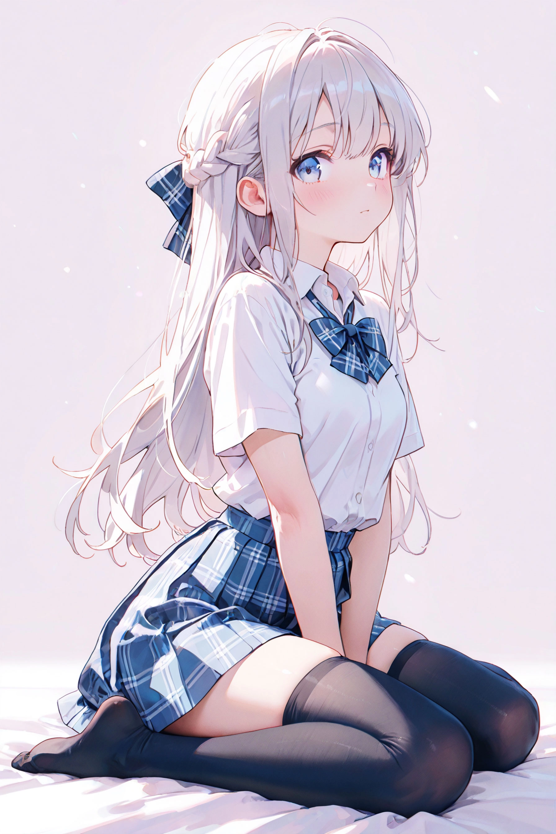 白头发的女孩和一个蓝弓坐在那里。