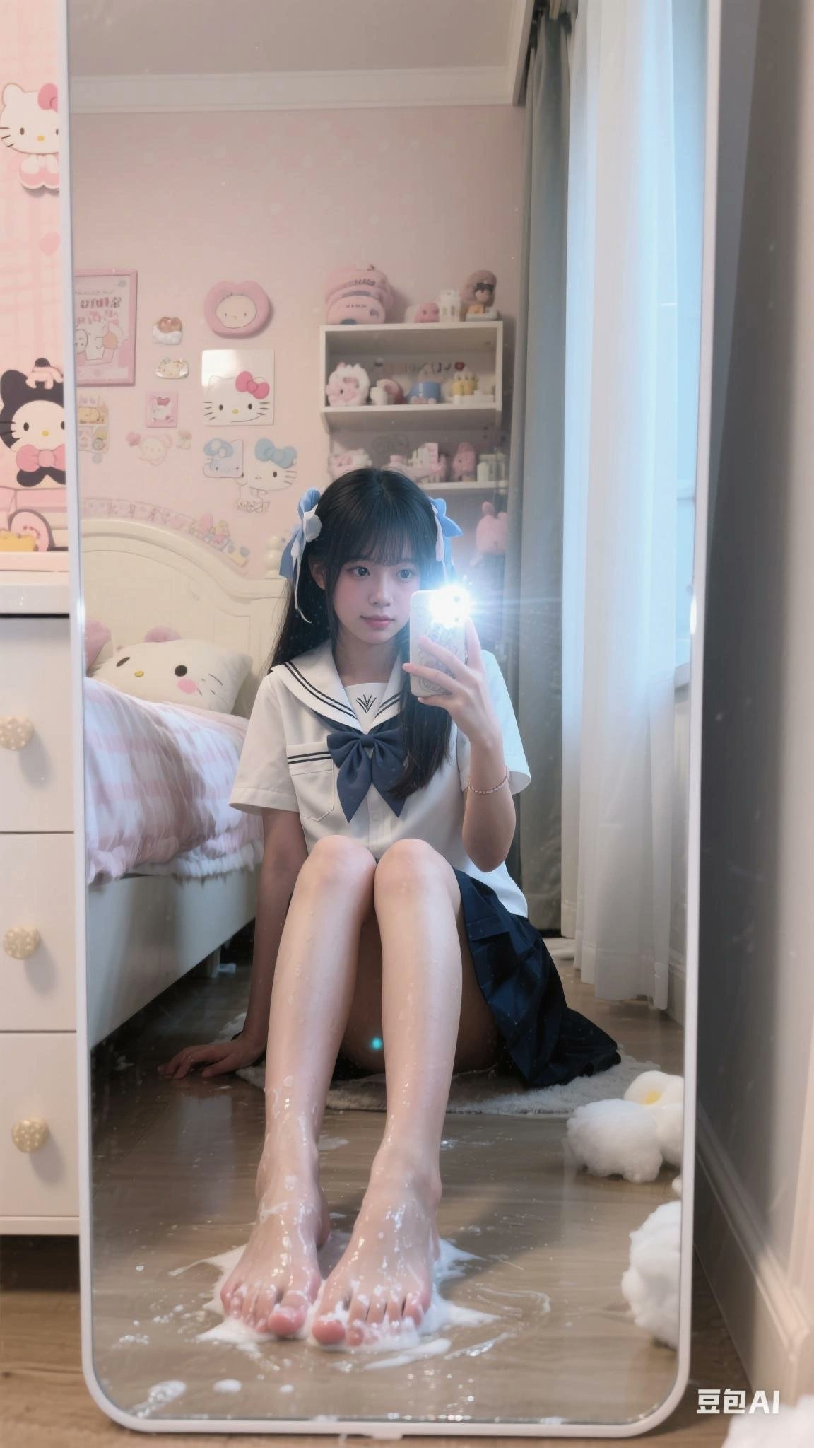 一名穿着校服的女孩在镜子前拍自拍。