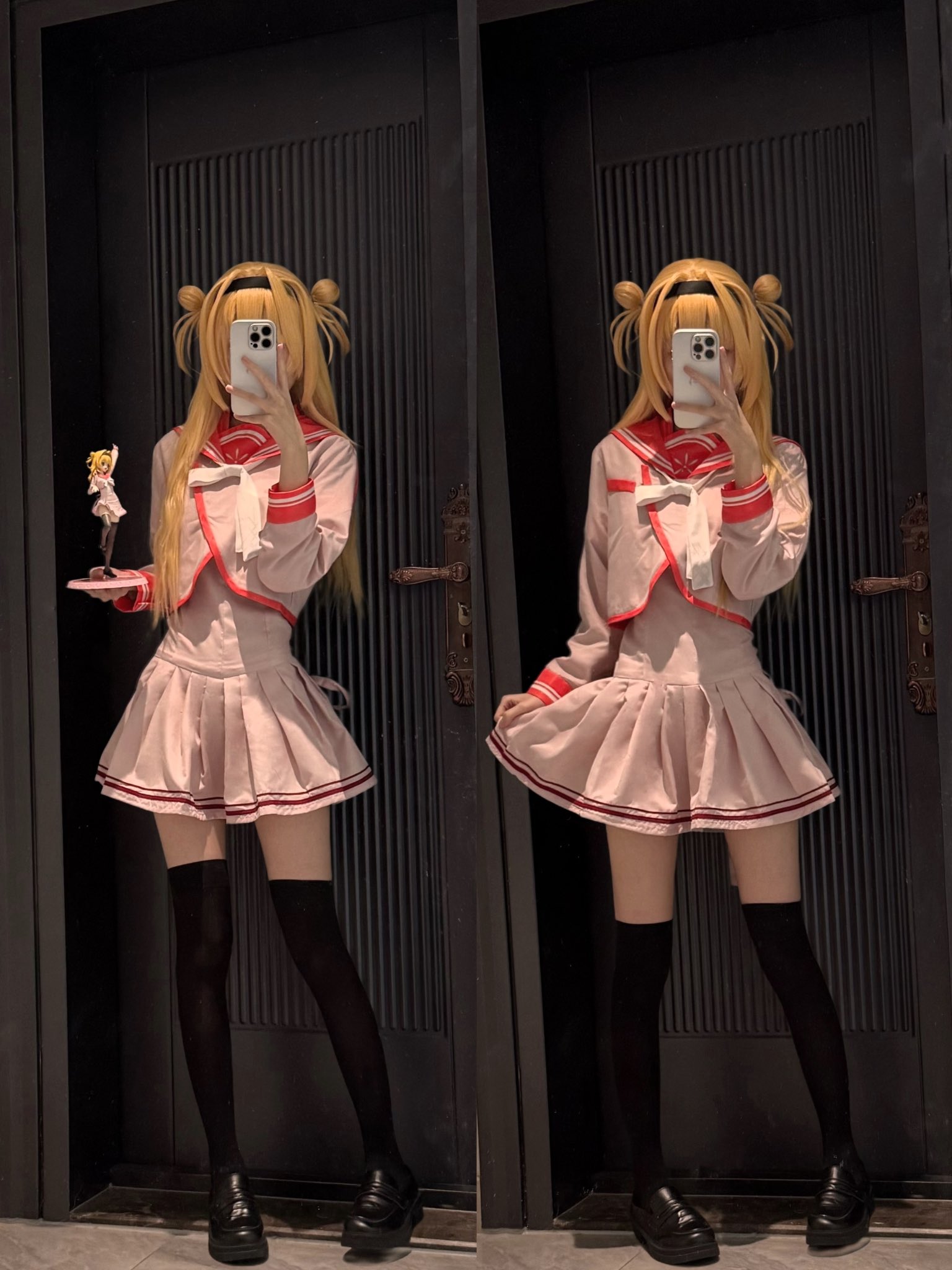 女人穿着粉红色的裙子拍自拍。