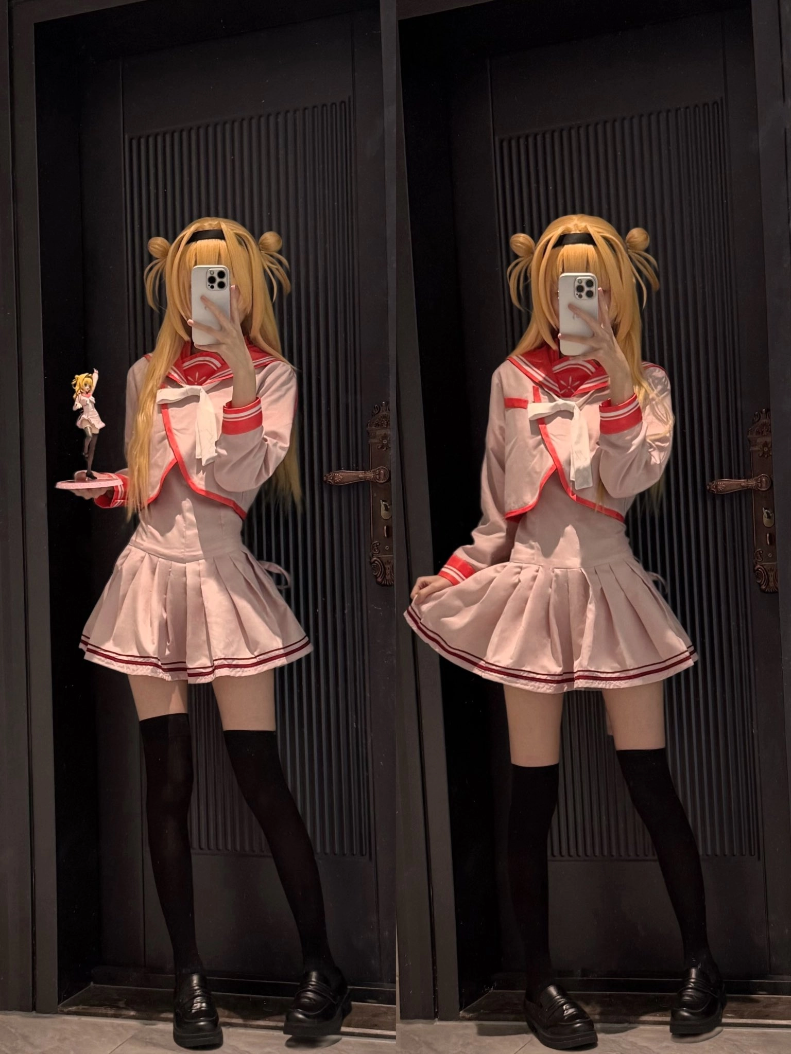 女人穿着粉红色的裙子拍自拍。