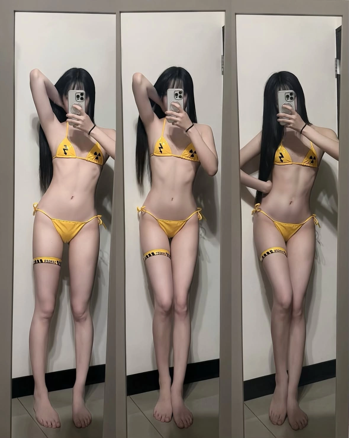 女人用黄色比基尼拍自拍。