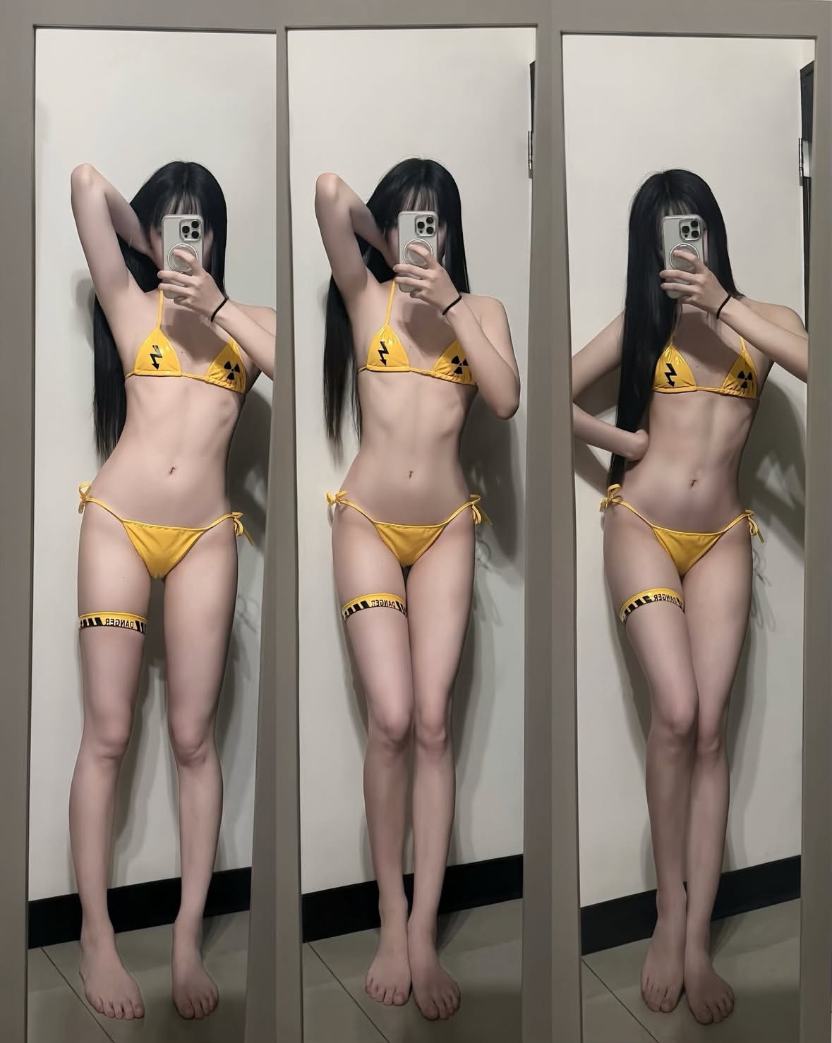 女人用黄色比基尼拍自拍。