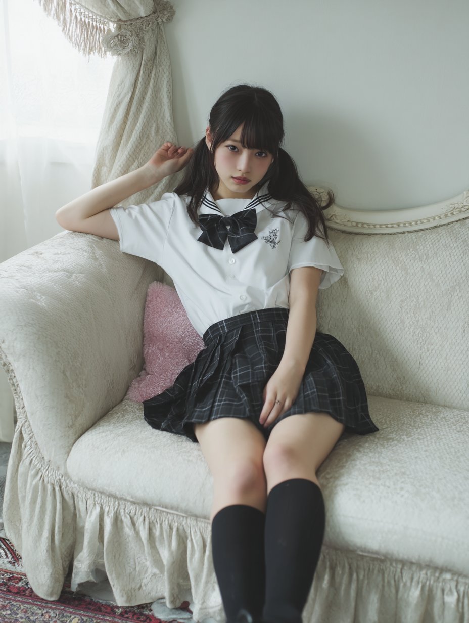 穿着白色衬衫和黑色裙子的女孩坐在沙发上。