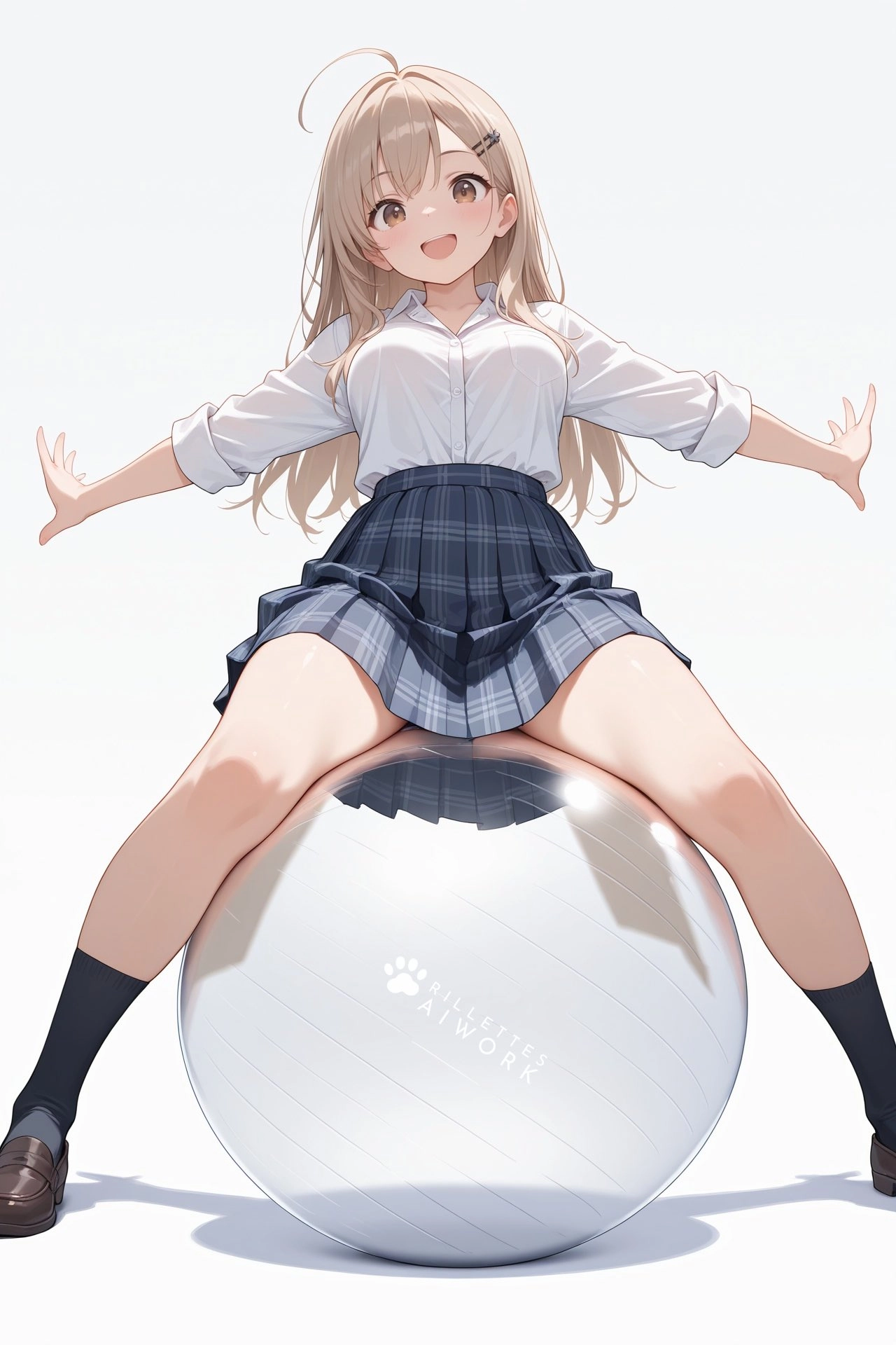 女孩坐在一个球上。