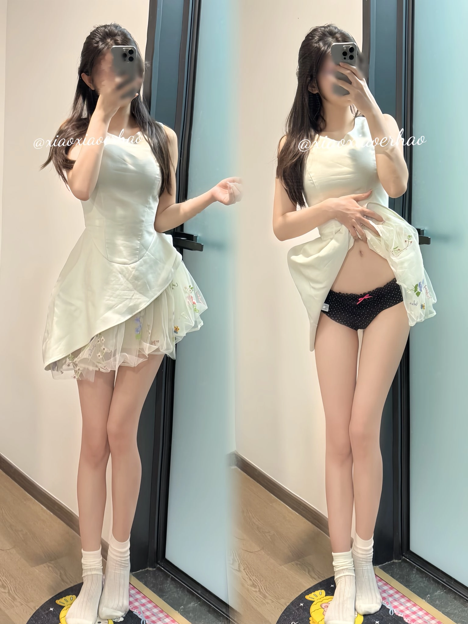 穿着白色裙子和黑色内衣的女人。