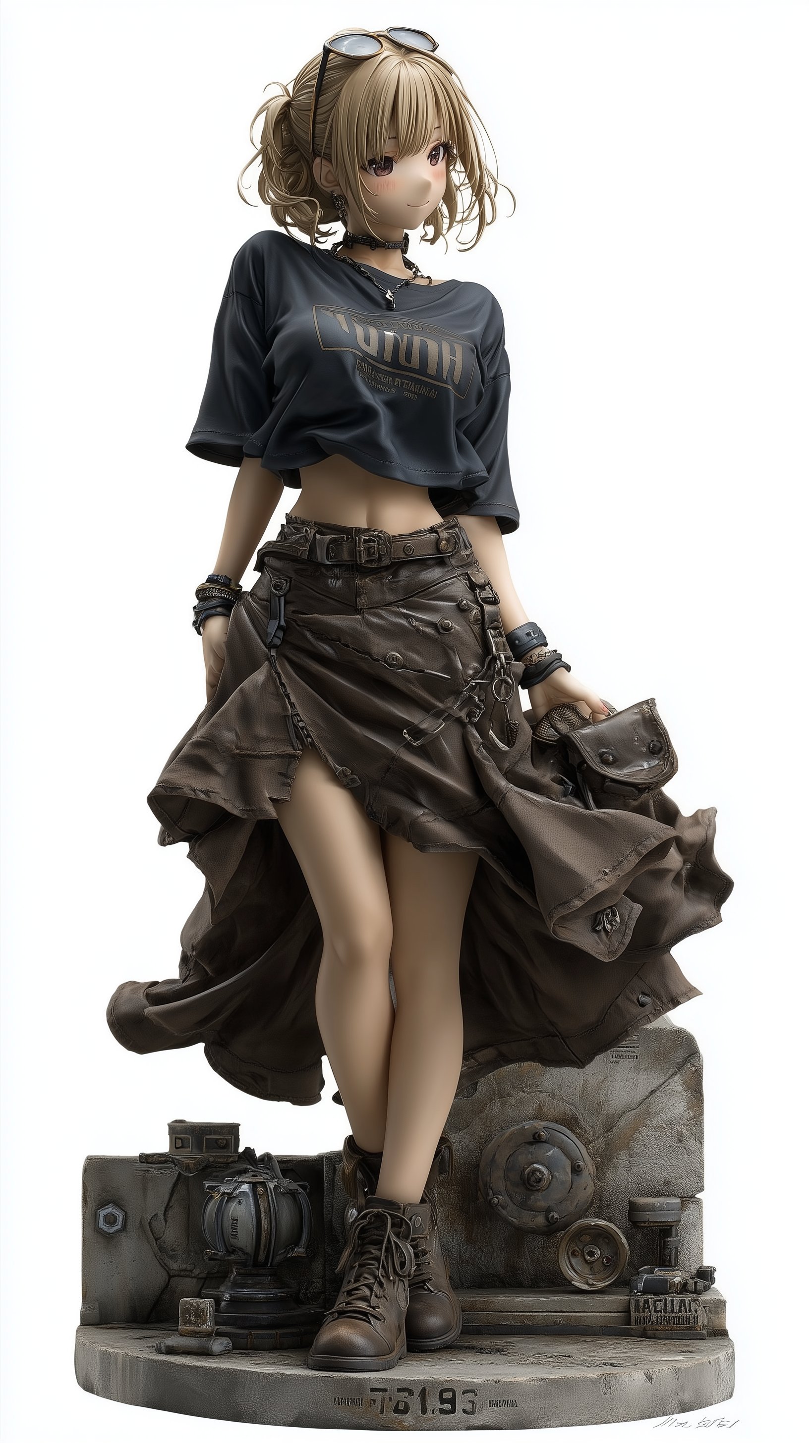 女人的雕像,穿着黑色衬衫和棕色裙子。