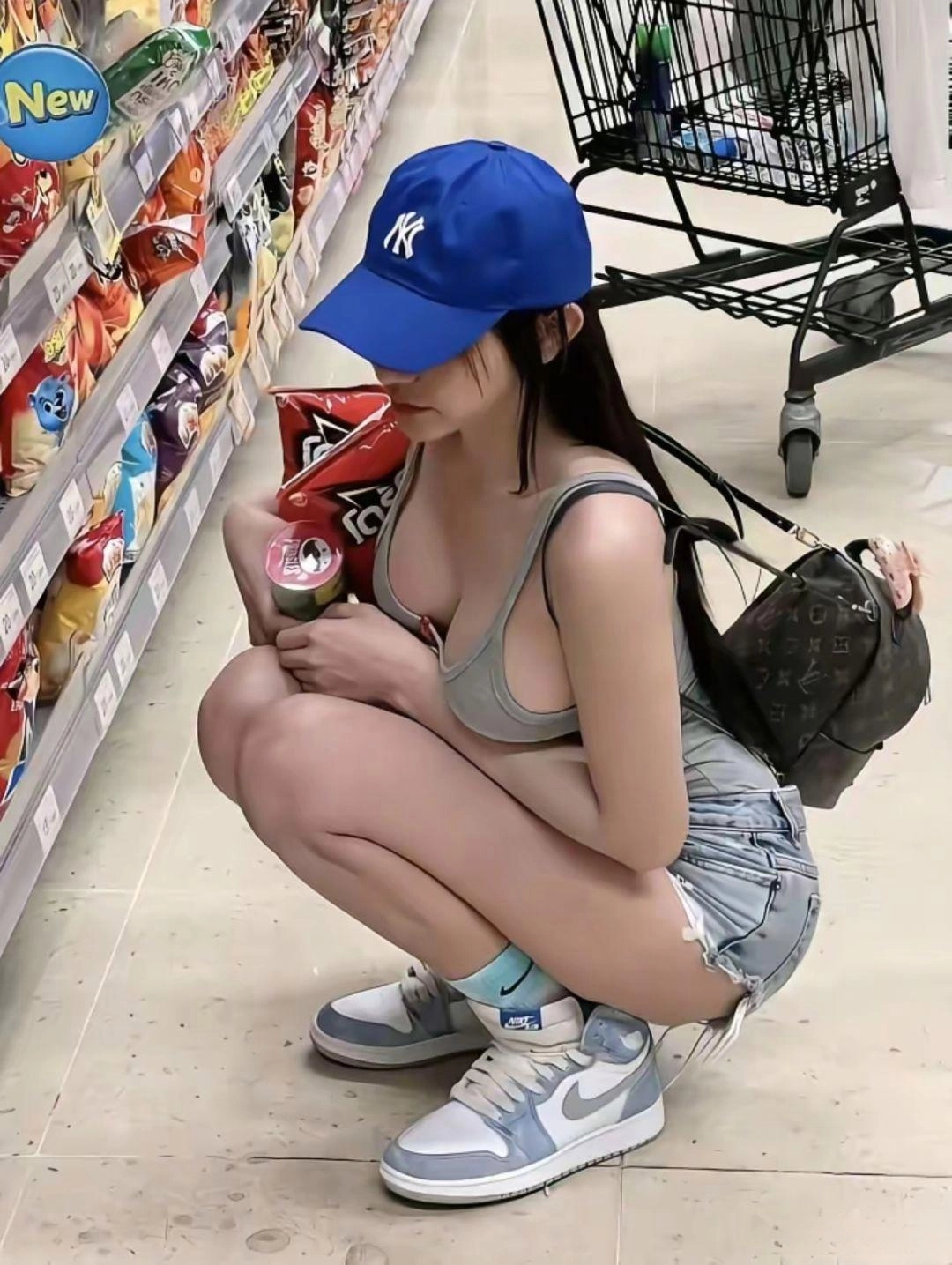 女人戴着蓝帽子,拿着一袋芯片。