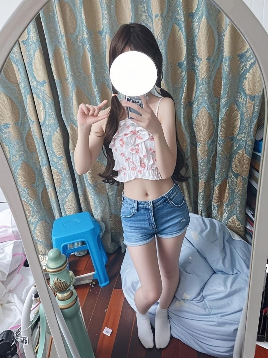 女人在镜子前拍自拍。