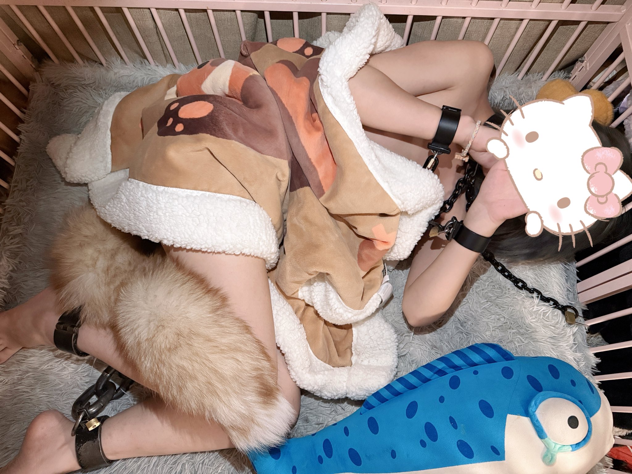 人躺在一张床上,带着一只猫。