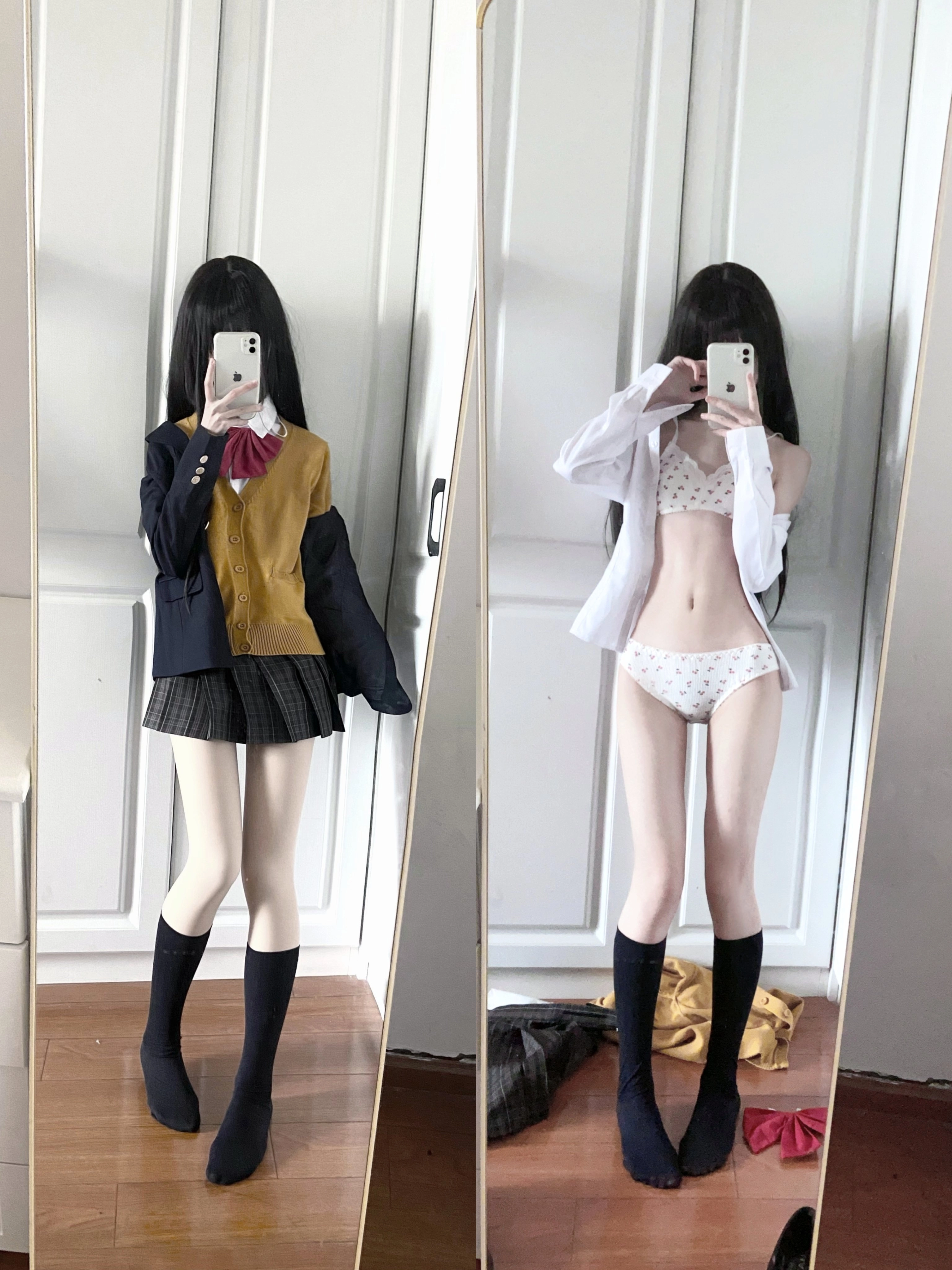 两位穿着不同的服装的女士拍了自拍。