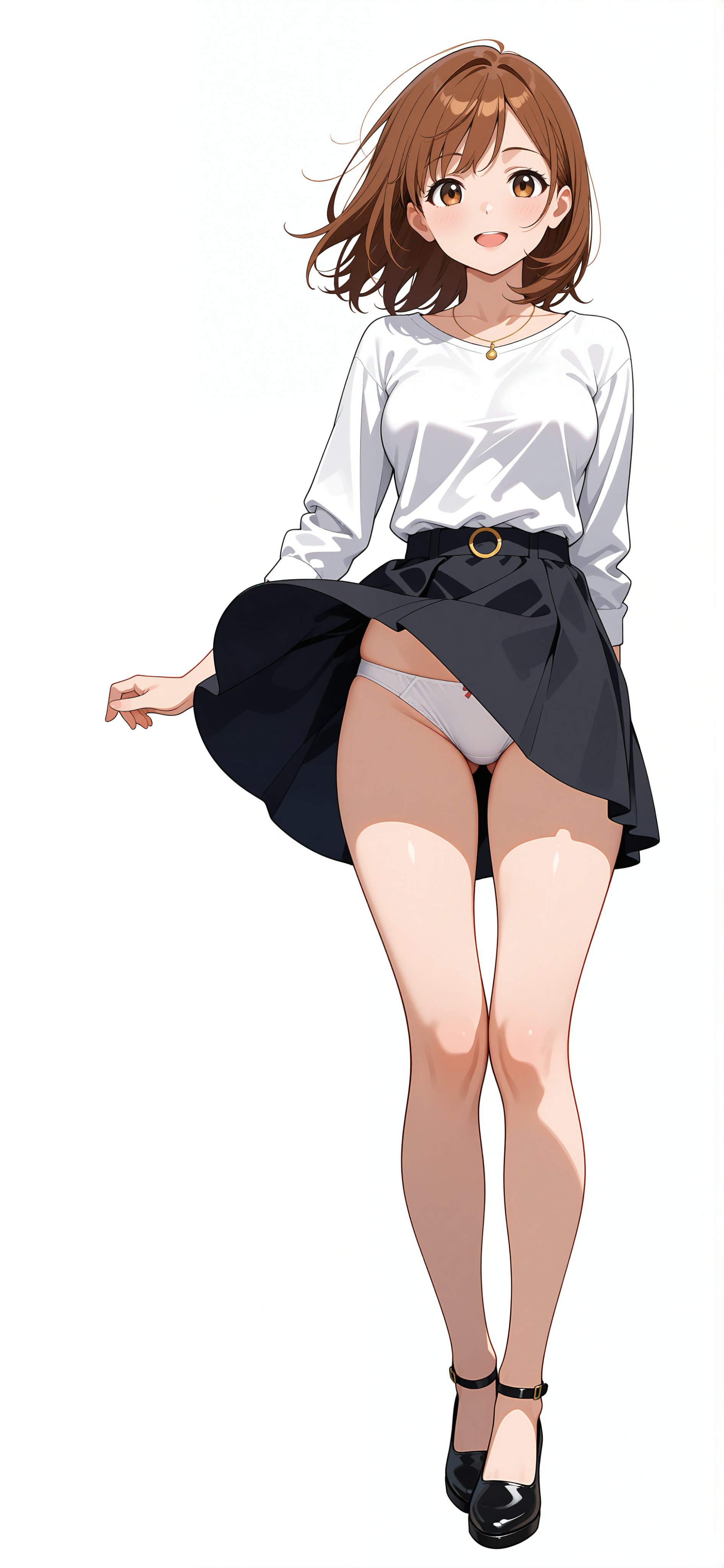 一位女人穿着一件白色衬衫和一件黑色的裙子,她的裙子打开。