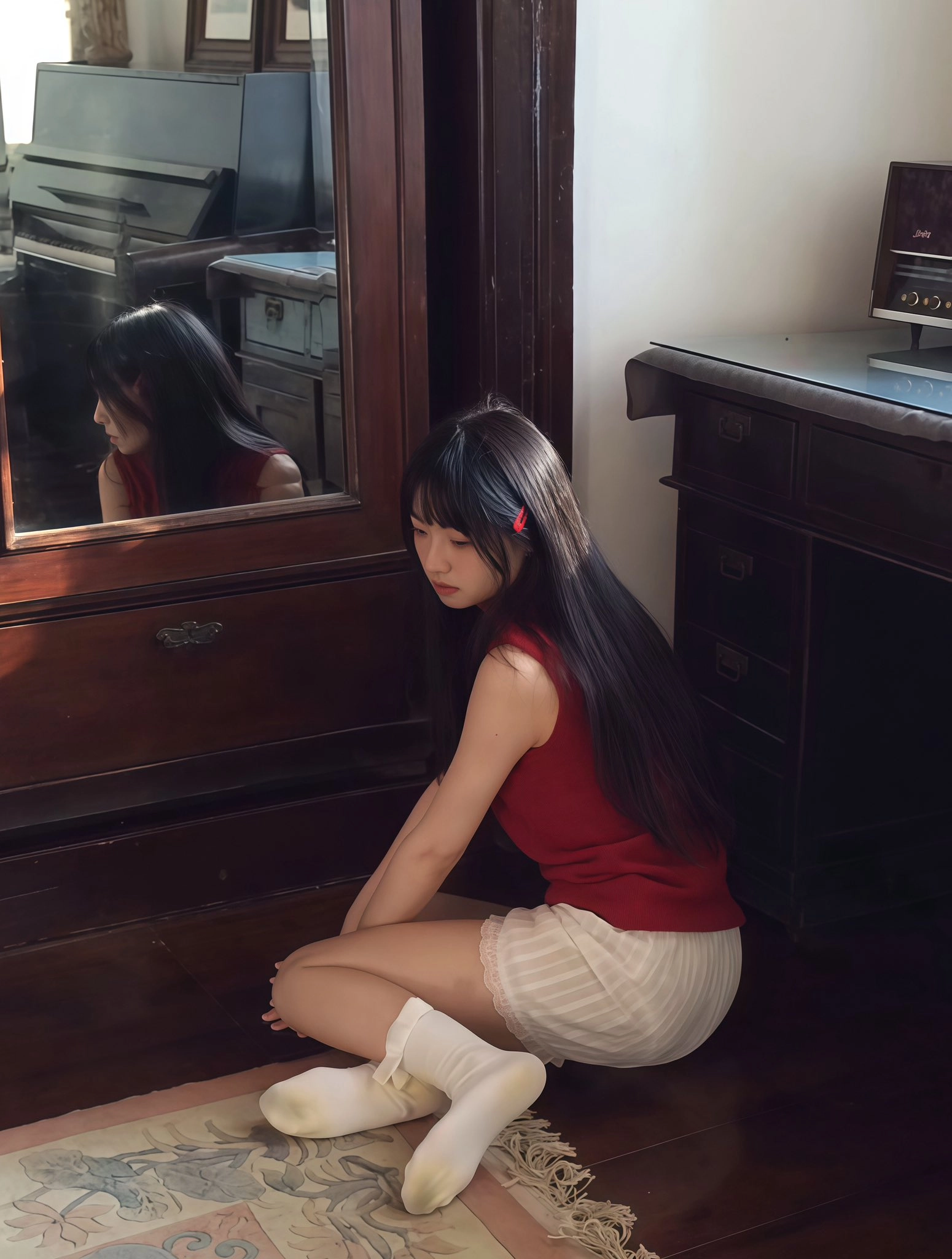 女人坐在地板上,面对一面镜子。