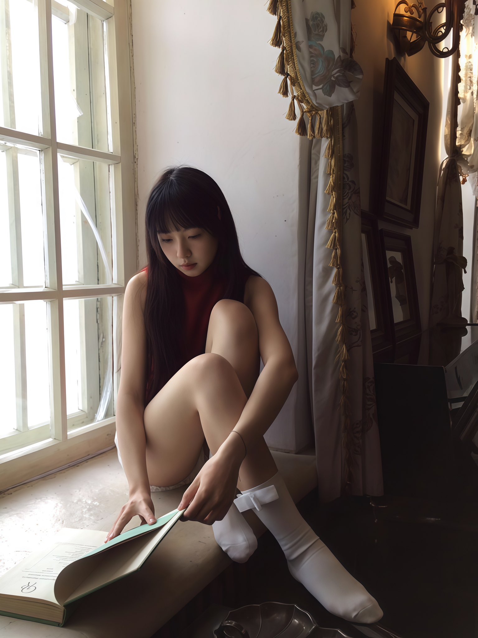 女人坐在地板上,面对一面镜子。