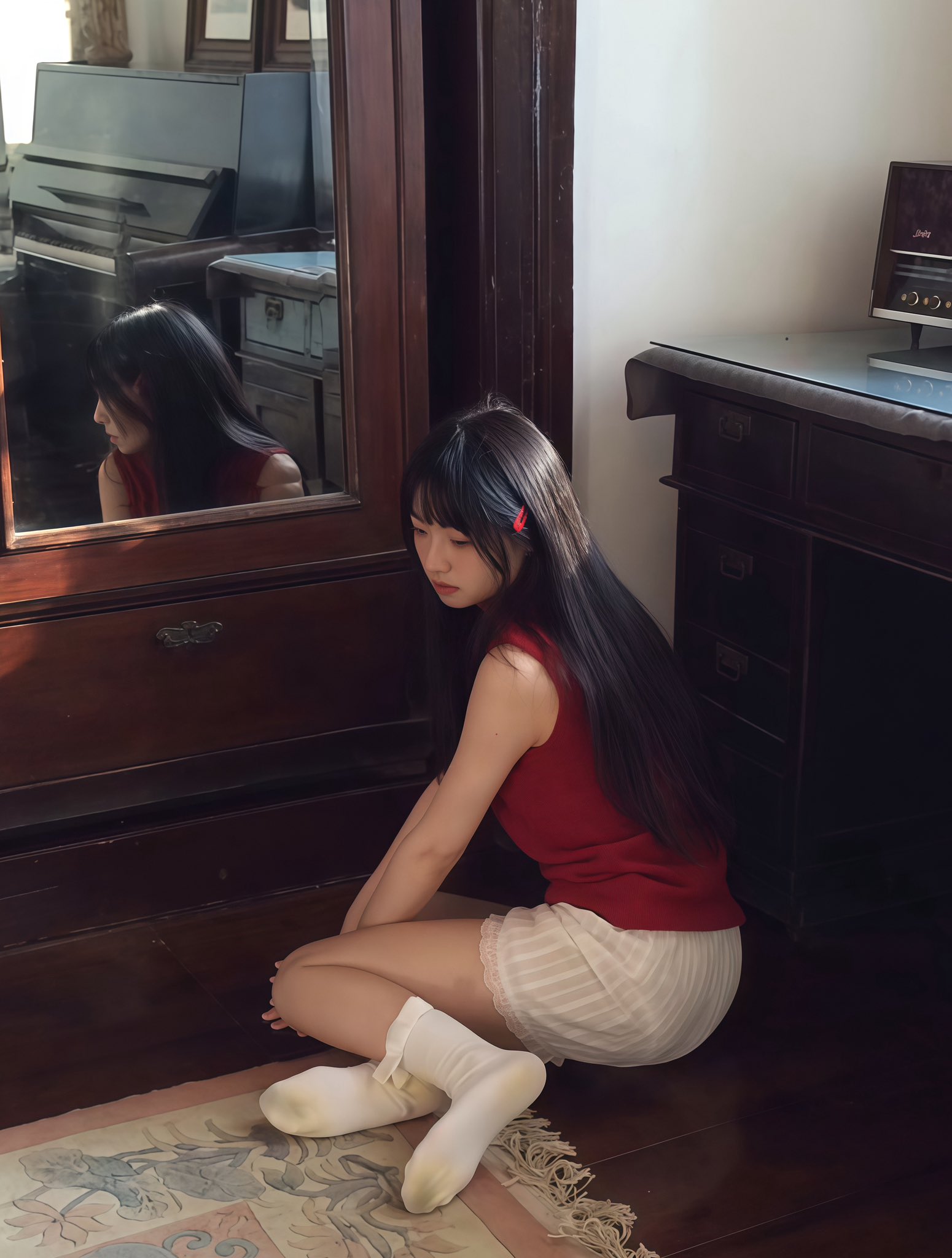 女人坐在地板上,面对一面镜子。