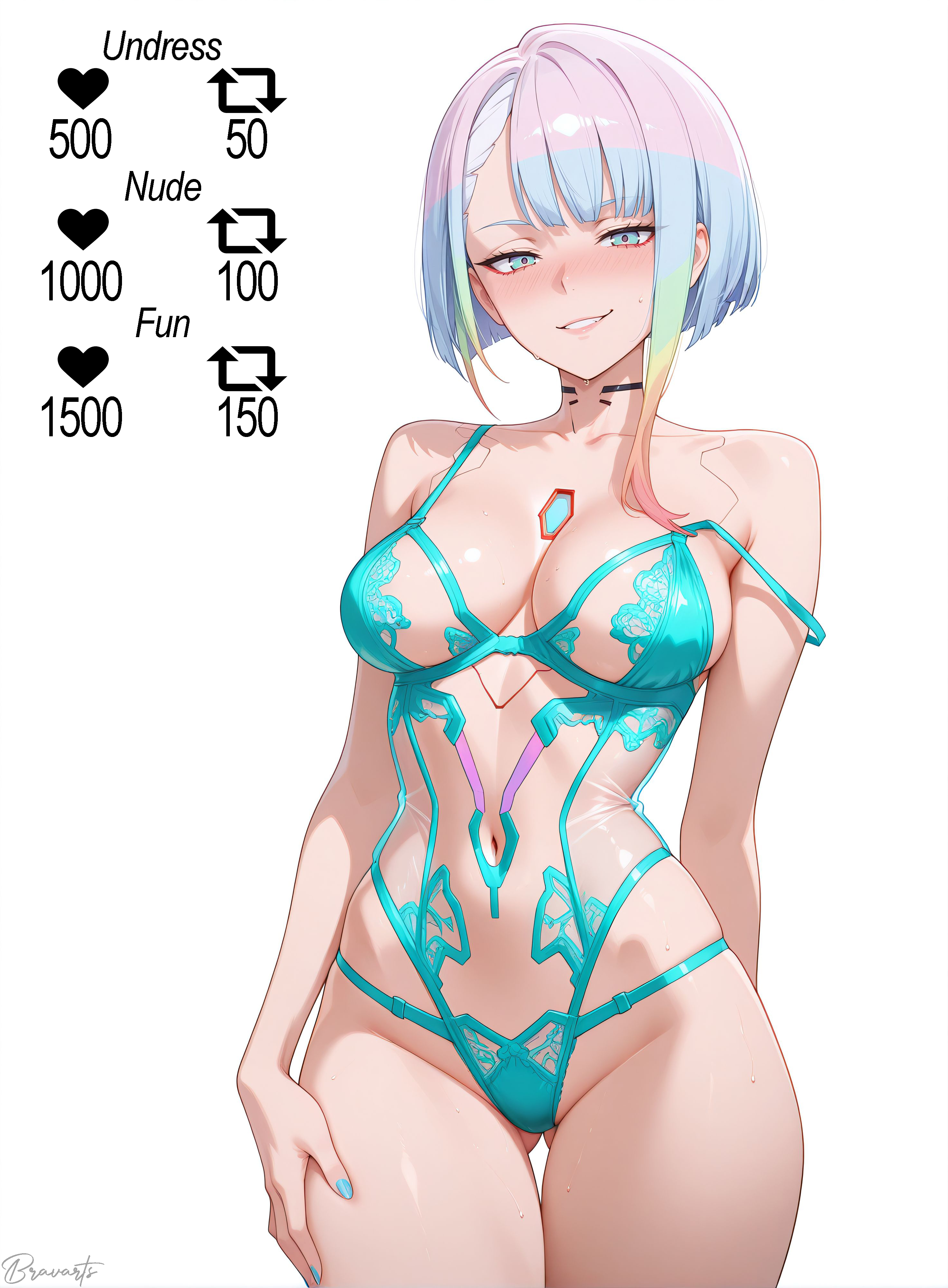 女人穿着蓝色比基尼和粉红色的弓。