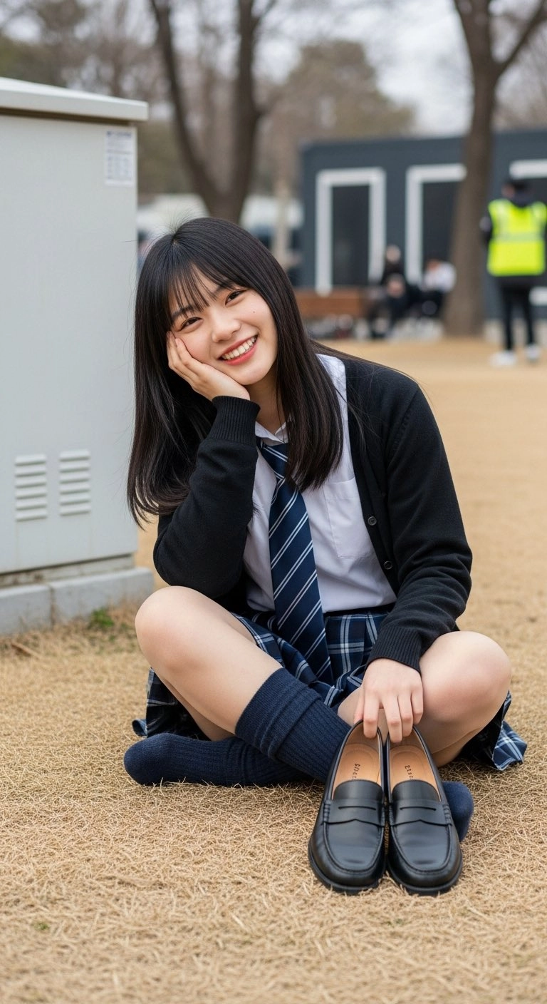 穿着蓝色领带的女孩坐在地上。