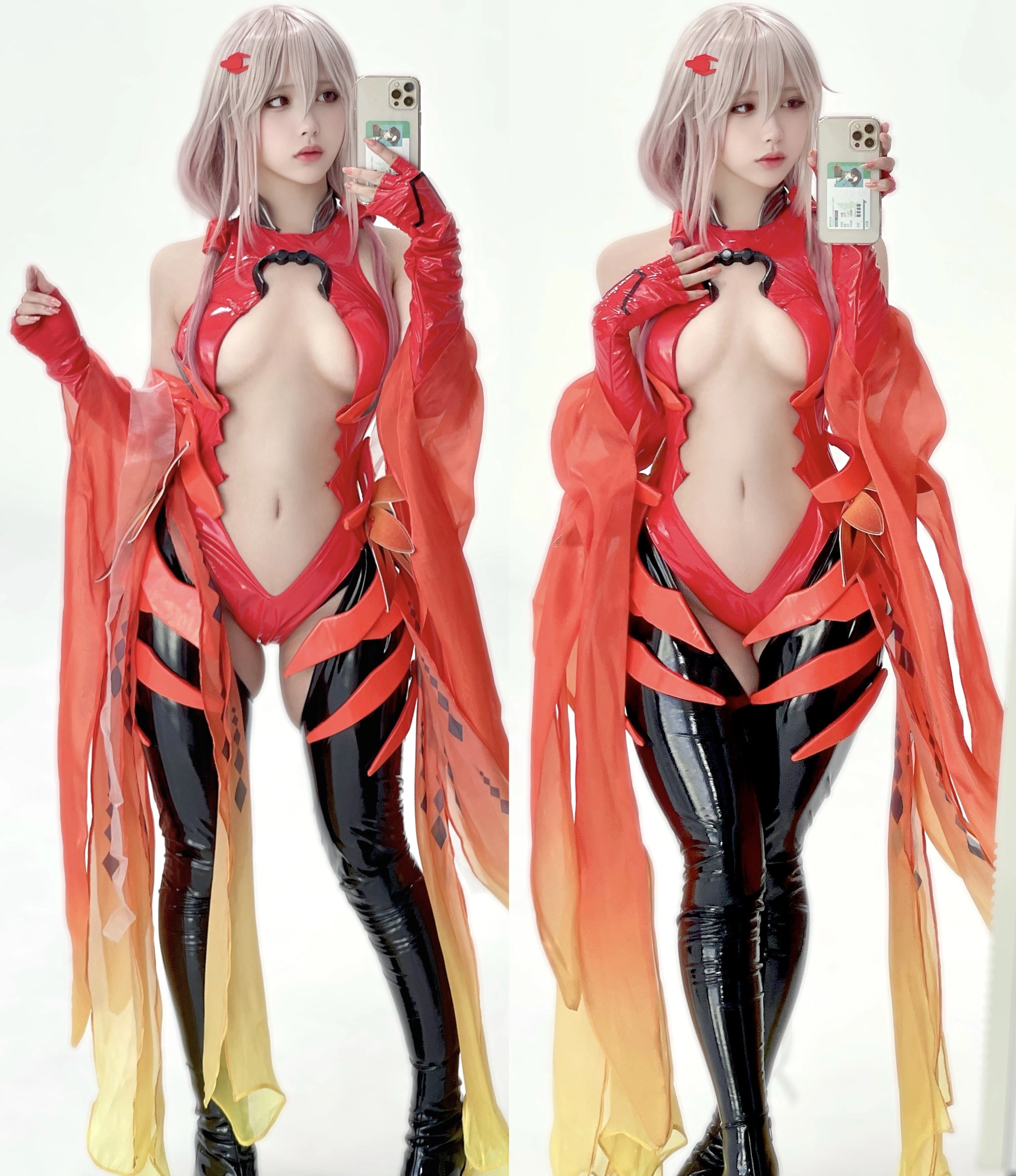 穿着红色和黑色衣服的女人正在拍照。