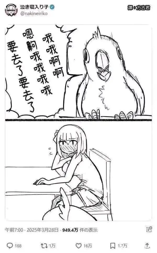 女人坐在一张桌子上,肩上有一只鸟。