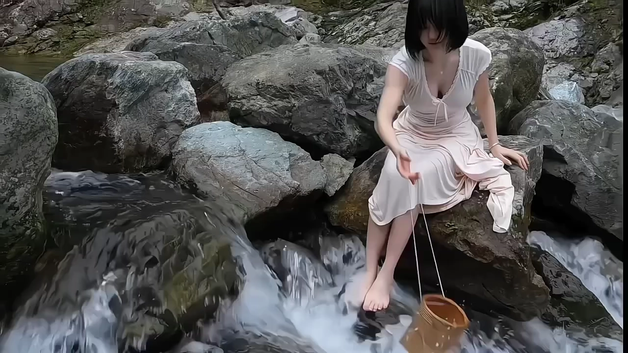 女人坐在河边,拿着一个桶。