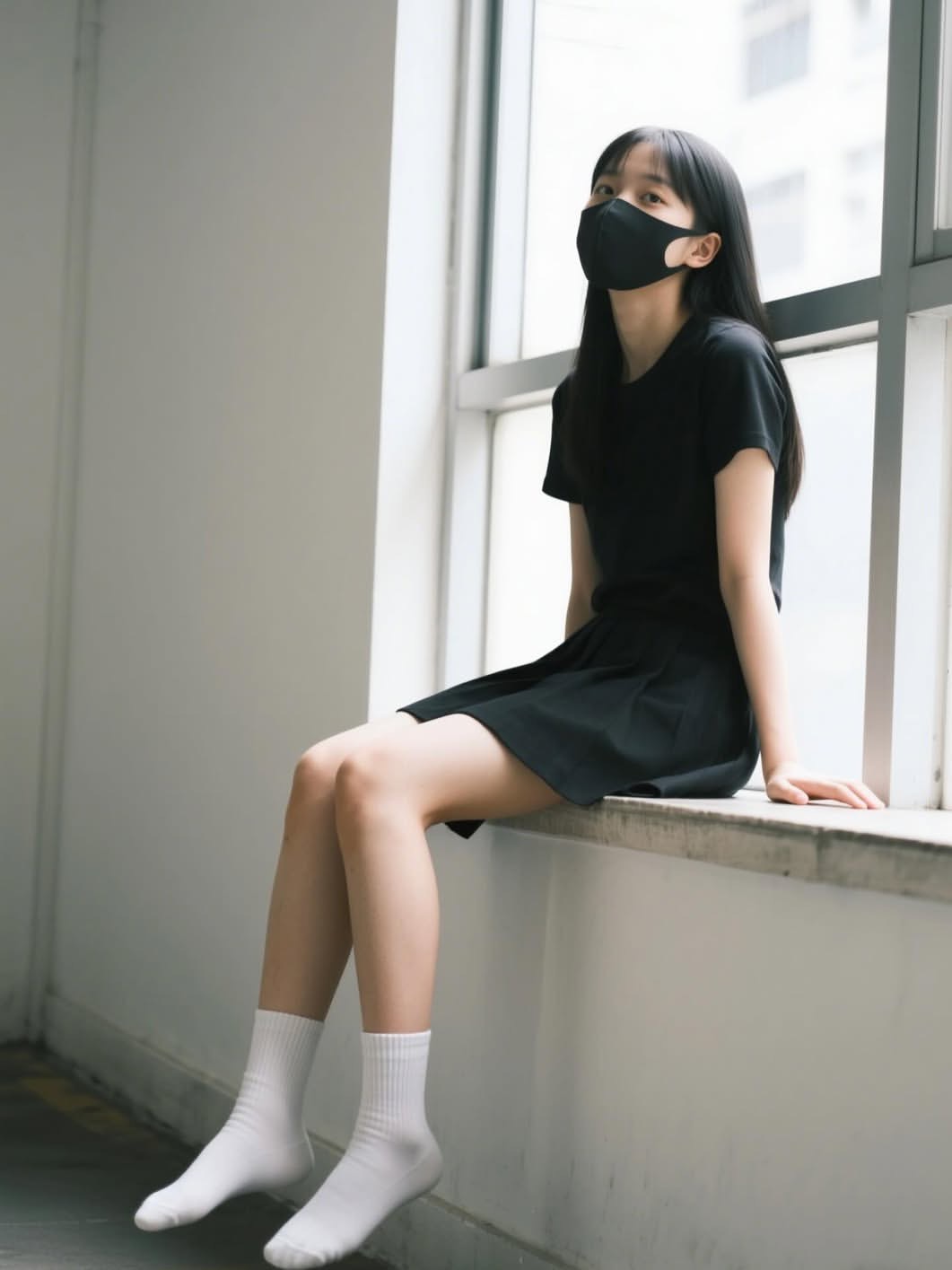 戴着面具的女人坐在一边。