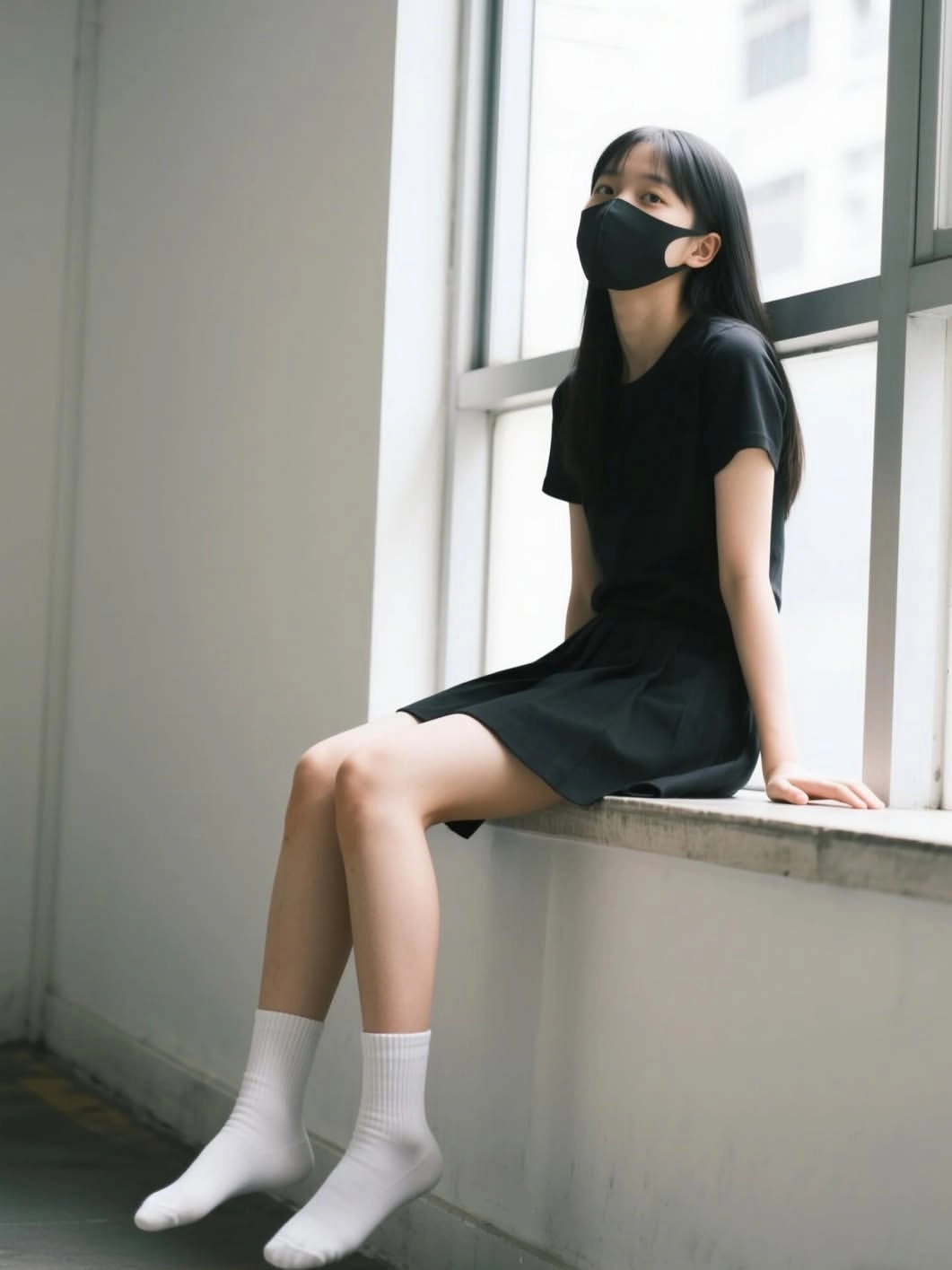 戴着面具的女人坐在一边。