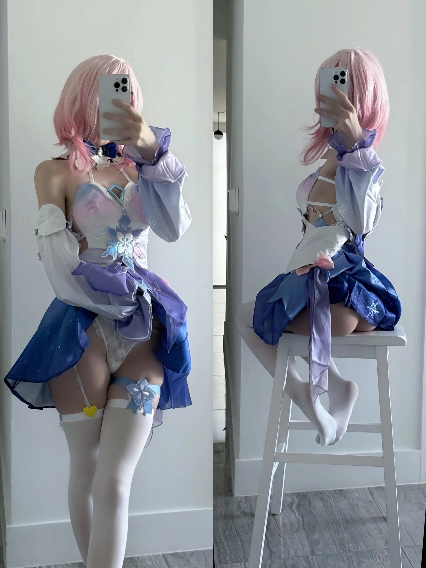 穿蓝色衣服的女人拍了一张自拍。