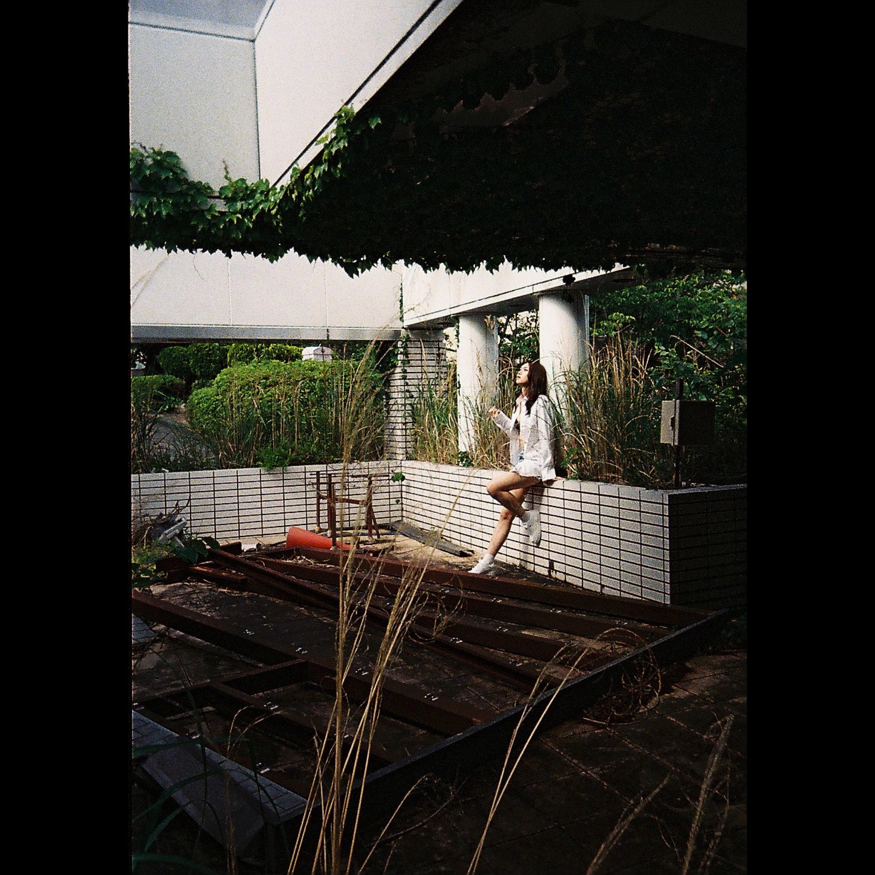 女人坐在墙上,俯瞰建筑物。