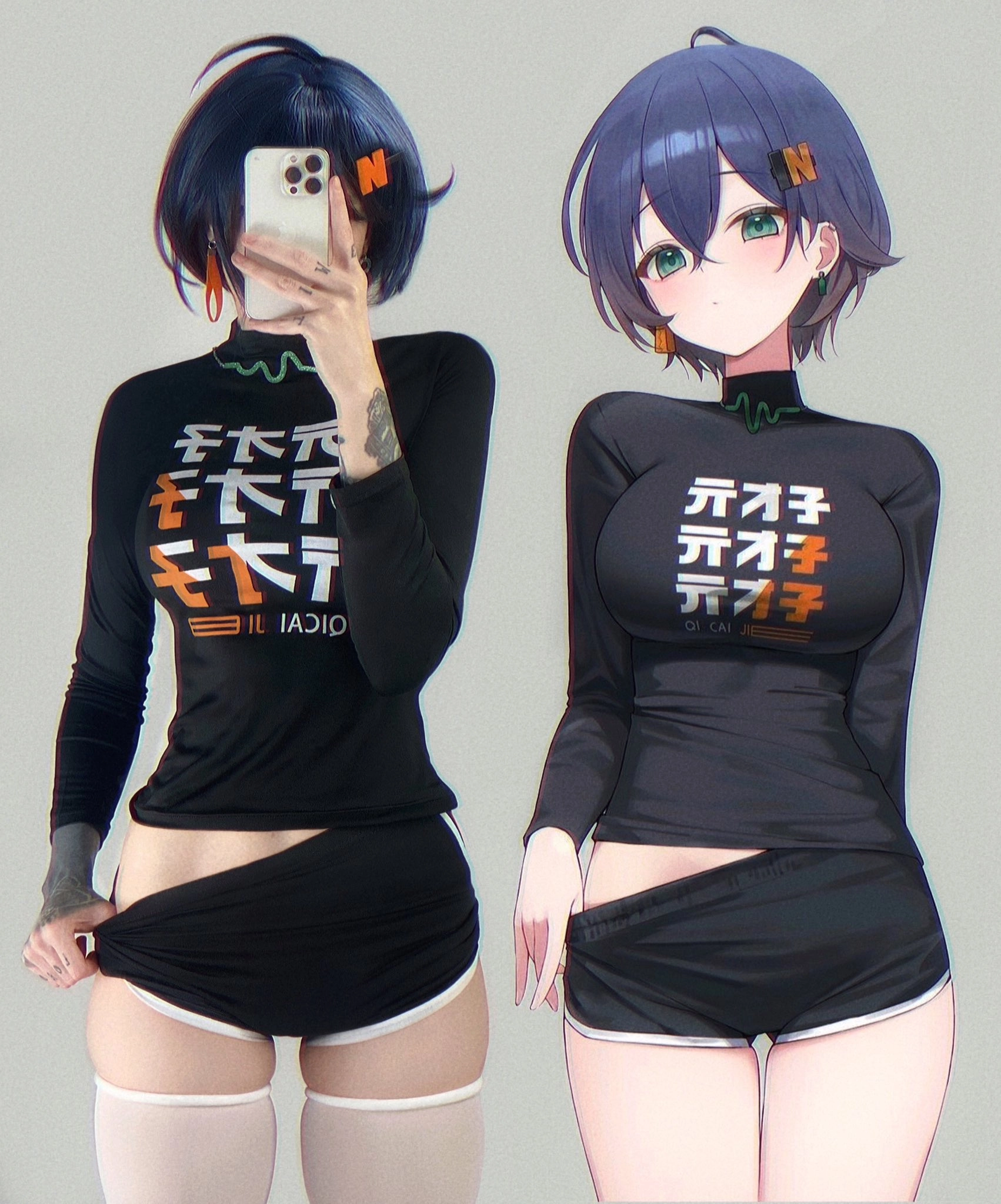 两名动漫人物穿着黑色衬衫。