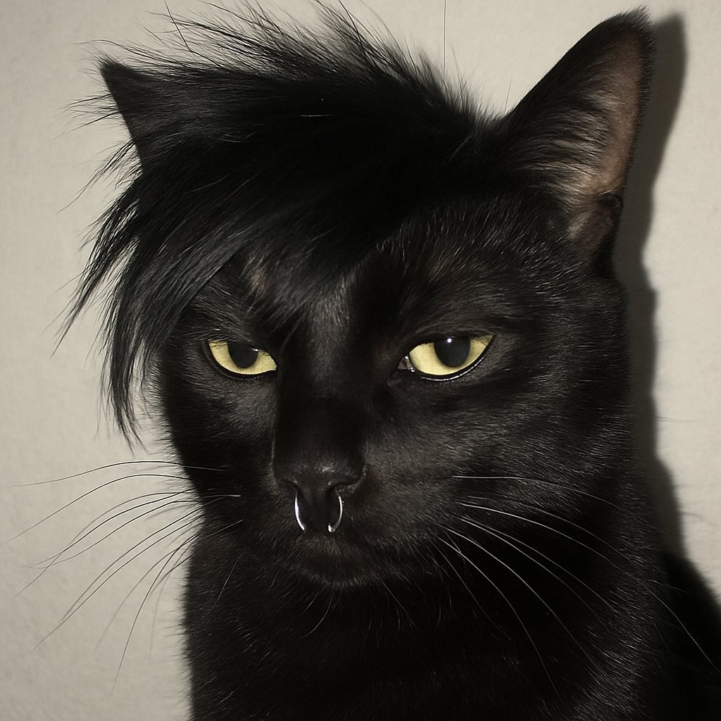 一只黑猫,鼻子上有穿孔。