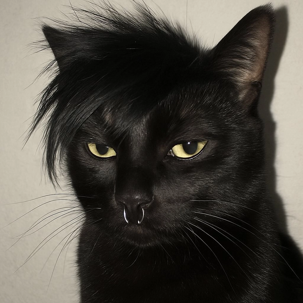 一只黑猫,鼻子上有穿孔。