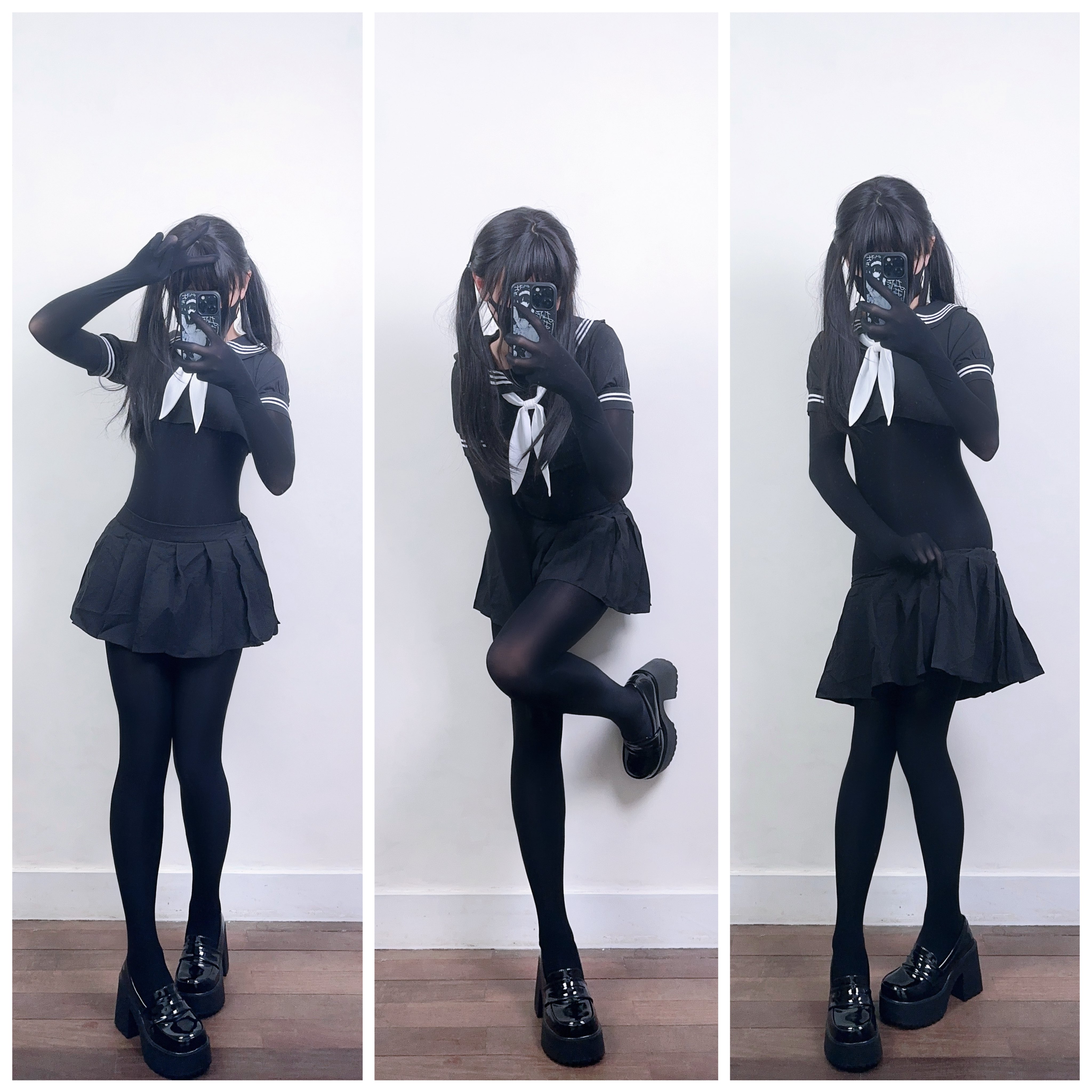 女人在三个不同的姿势中拍摄自拍。