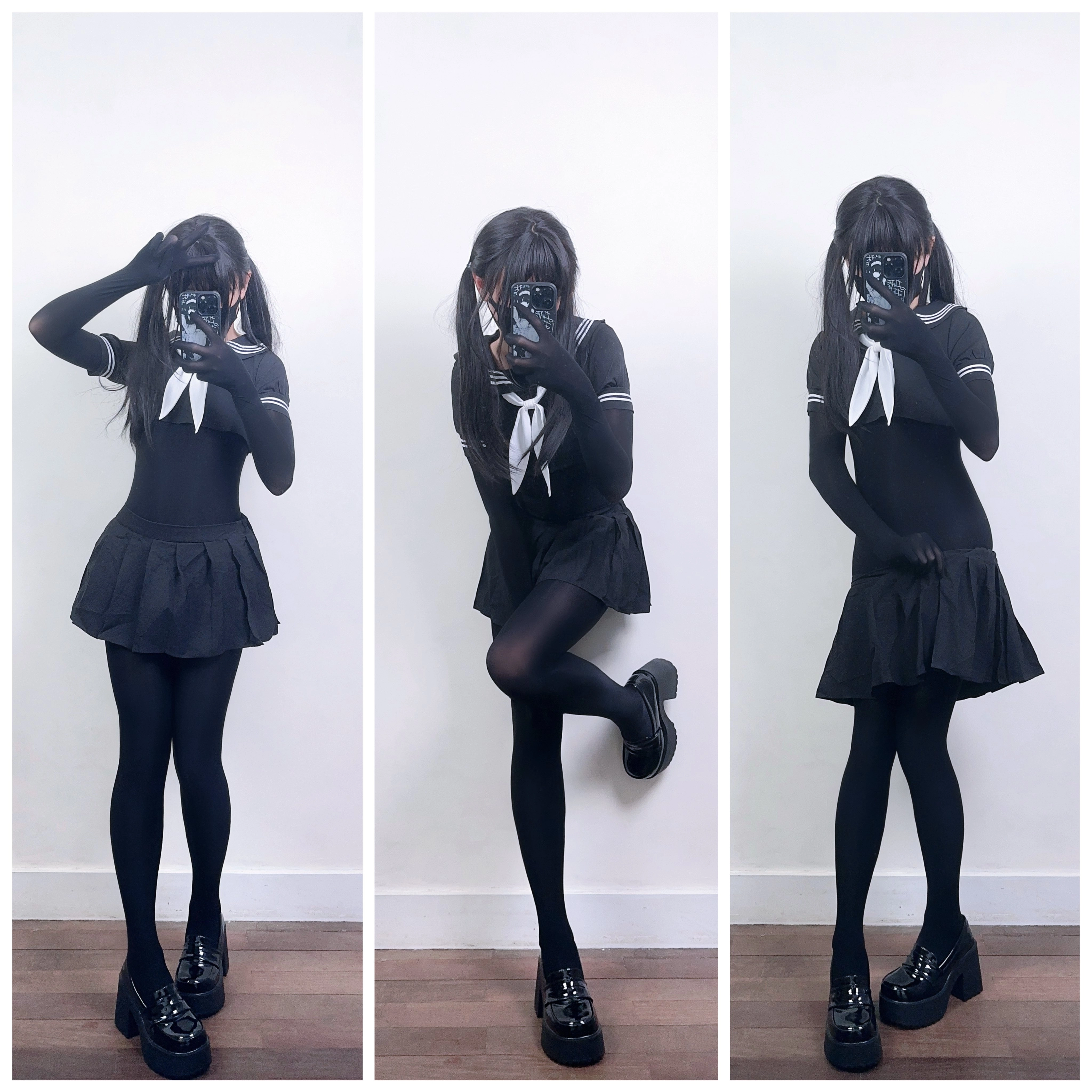 女人在三个不同的姿势中拍摄自拍。