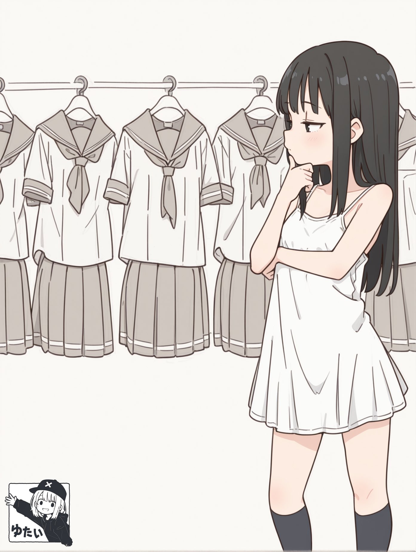 穿着白色裙子的女孩站在一个白色裙子的架子前面。