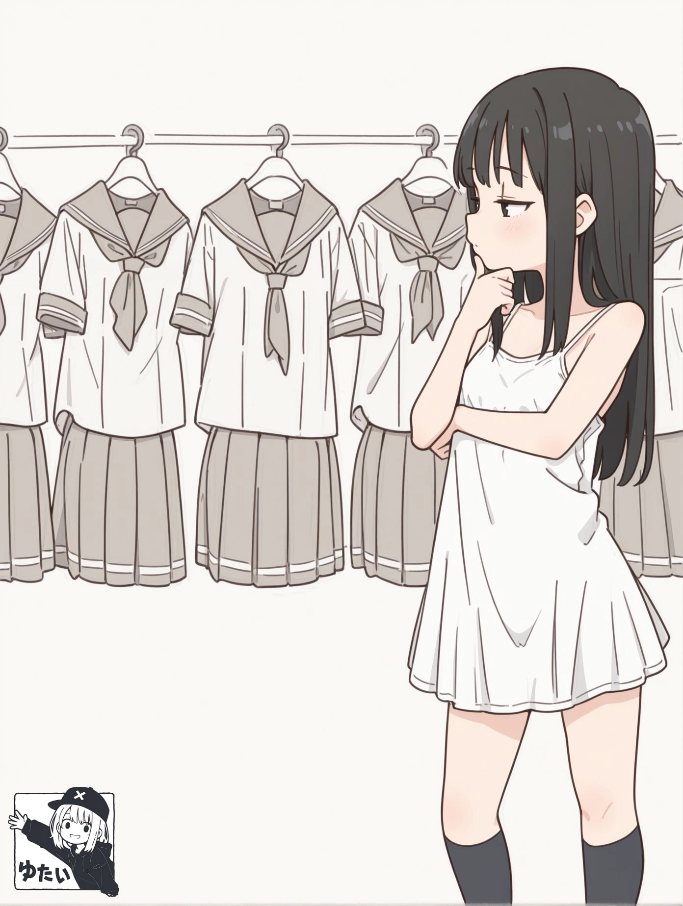 穿着白色裙子的女孩站在一个白色裙子的架子前面。