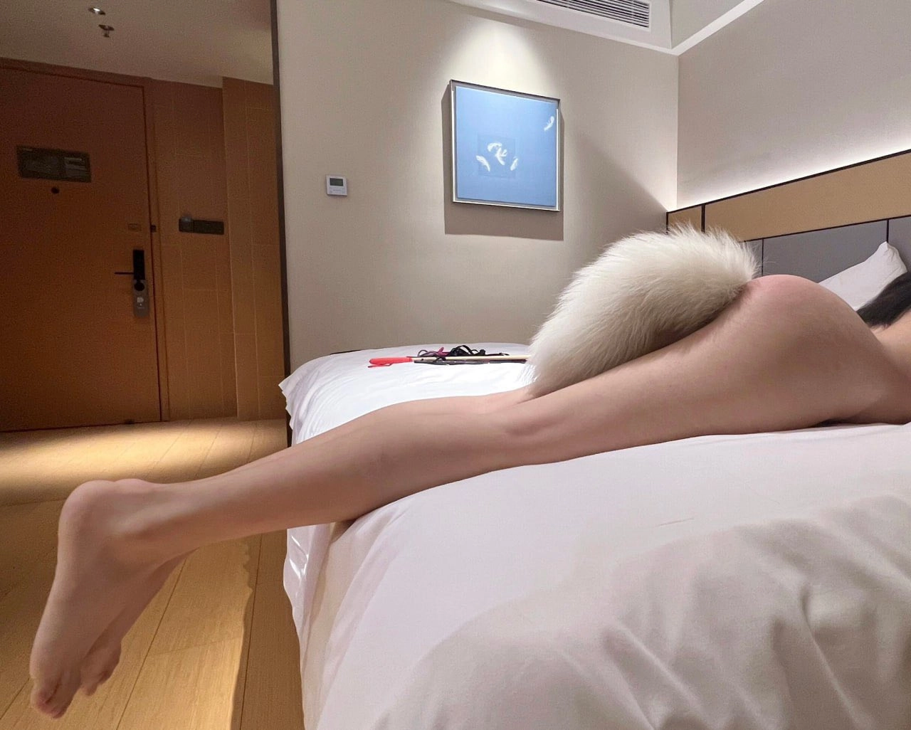 女人躺在一张白狗的床上。