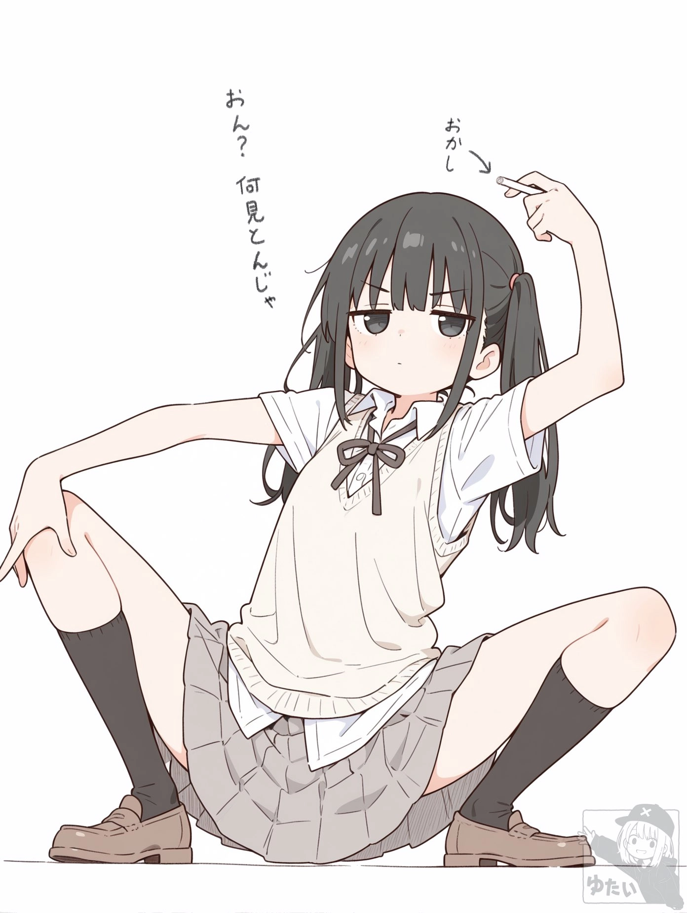 穿着白色衬衫和黑色头发的女孩正在指向某件事。