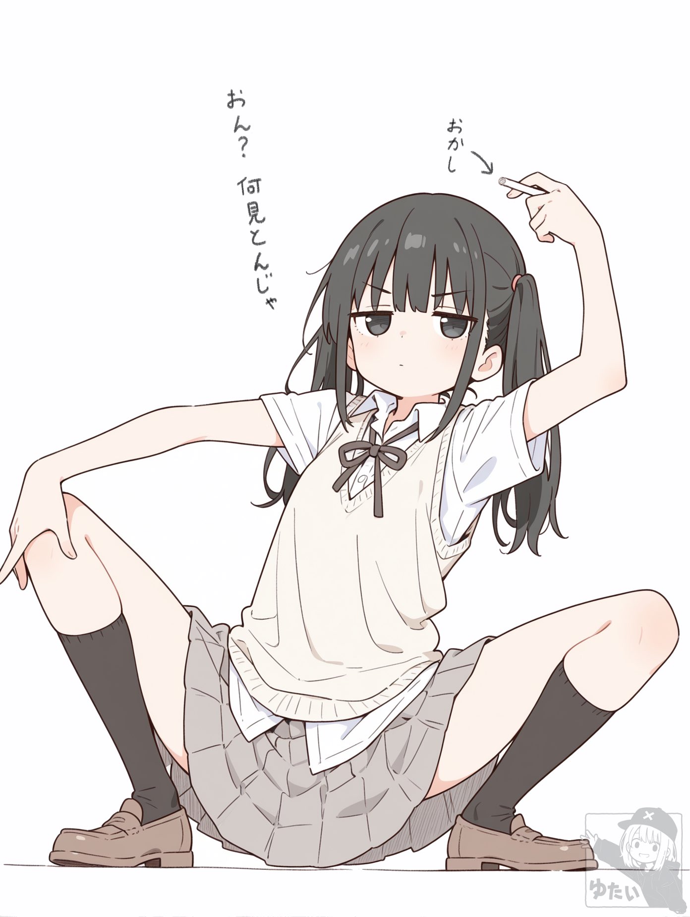 穿着白色衬衫和黑色头发的女孩正在指向某件事。