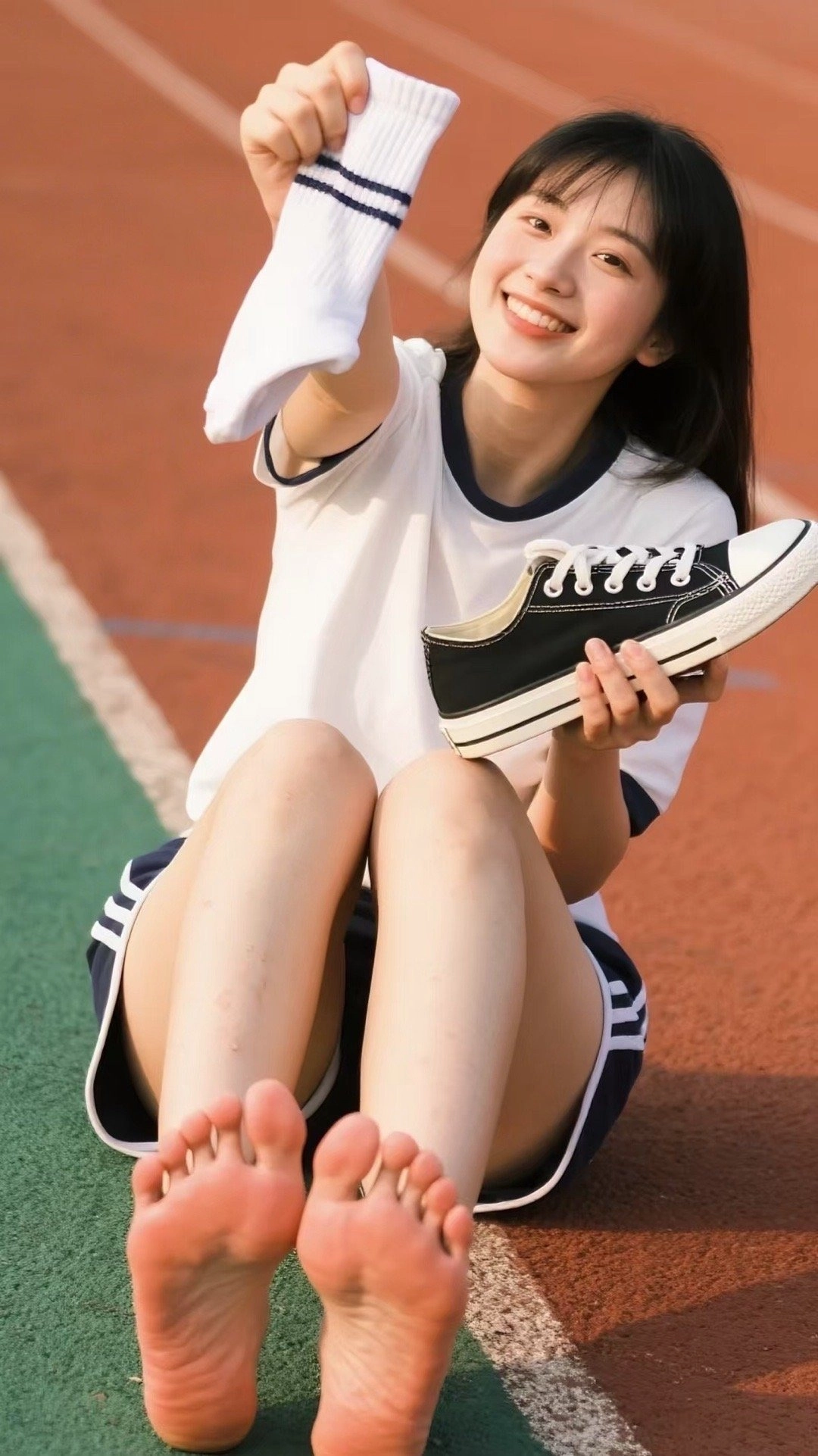 一位穿着白色衬衫和黑色鞋子的女孩坐在地上,拿着白色的鞋子。