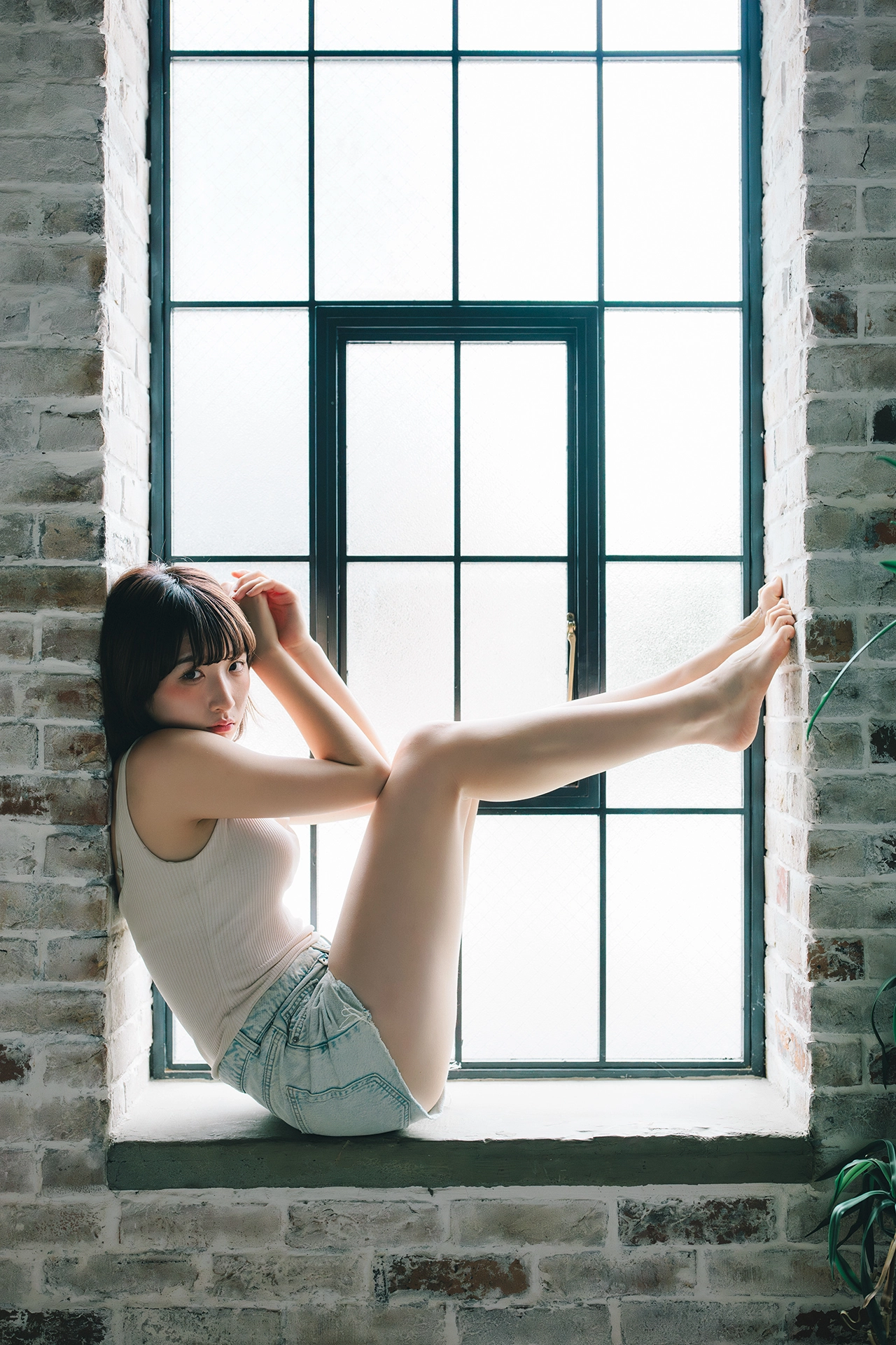 短发和白衬衫的女人坐在窗户上。