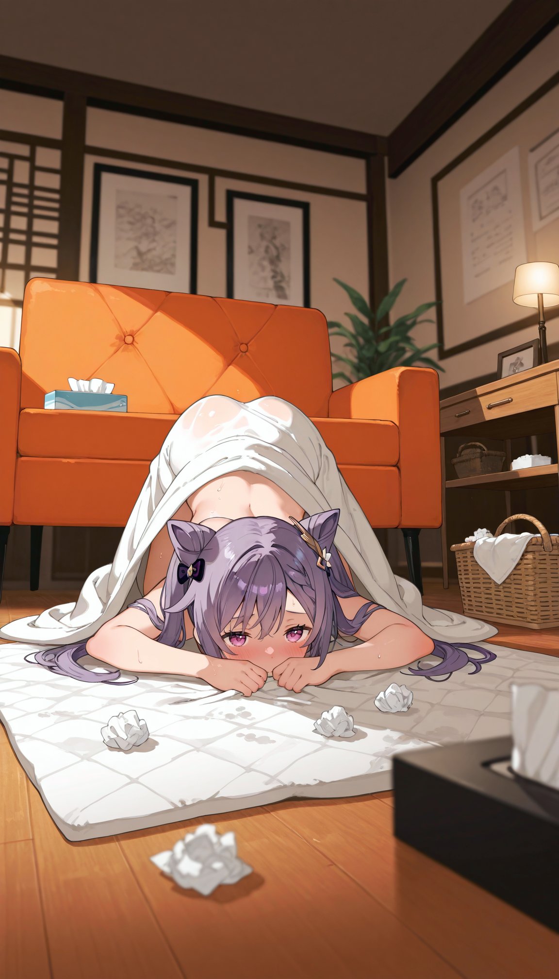 紫色头发的女孩躺在地板上。