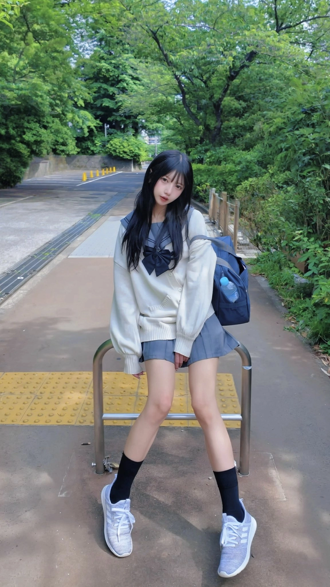 穿着蓝色裙子和白色衬衫的女孩站在一个凳子上。