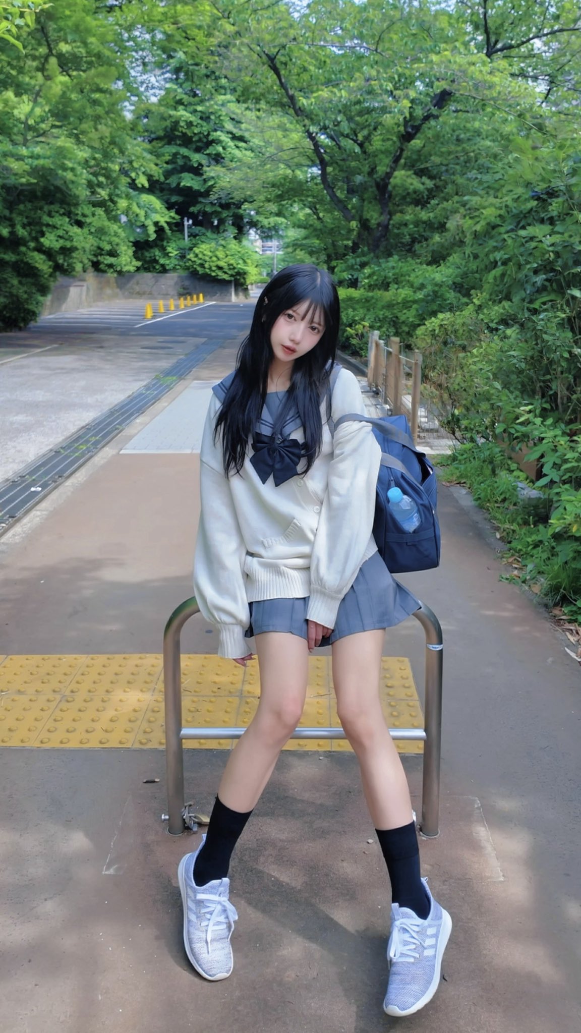 穿着蓝色裙子和白色衬衫的女孩站在一个凳子上。