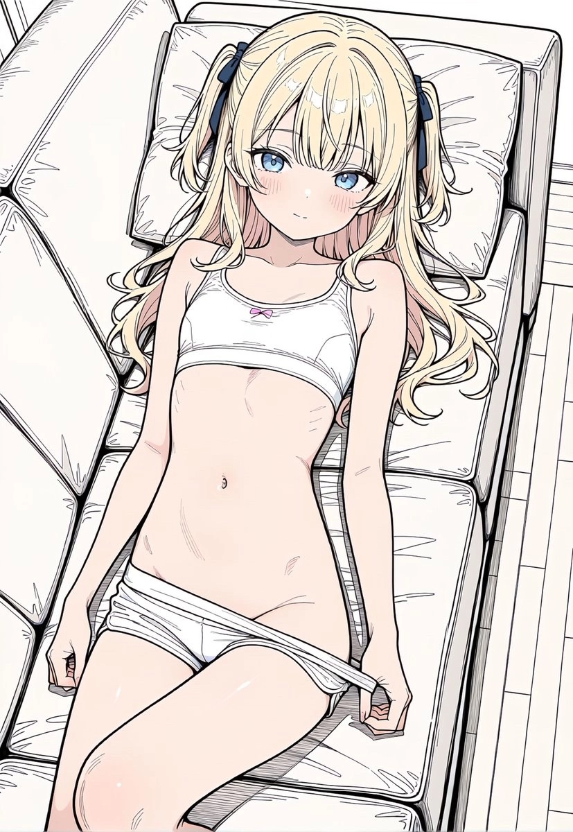 金发的女孩和一个白色的胸罩躺在沙发上。