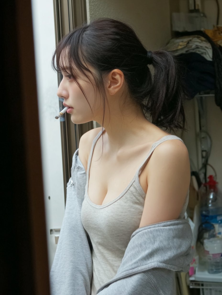 女人抽一支烟。