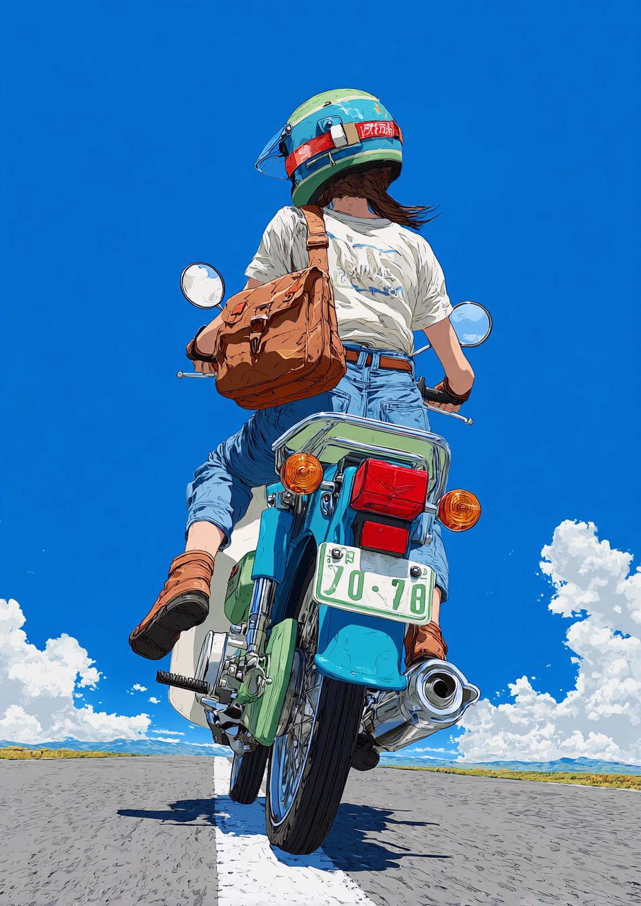 骑摩托车的人背上拿着一个袋子。