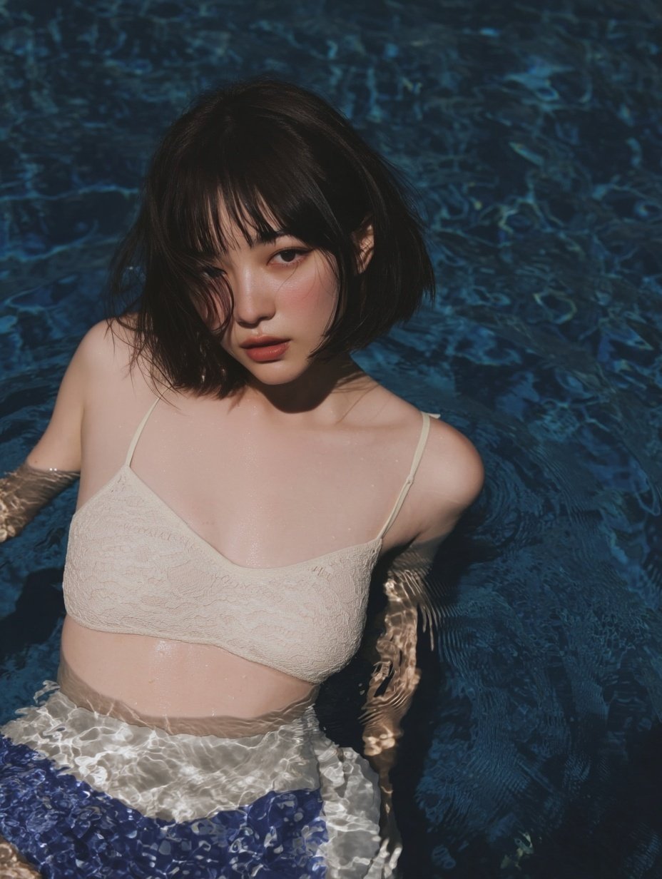 女人穿着白色的顶部在水里。