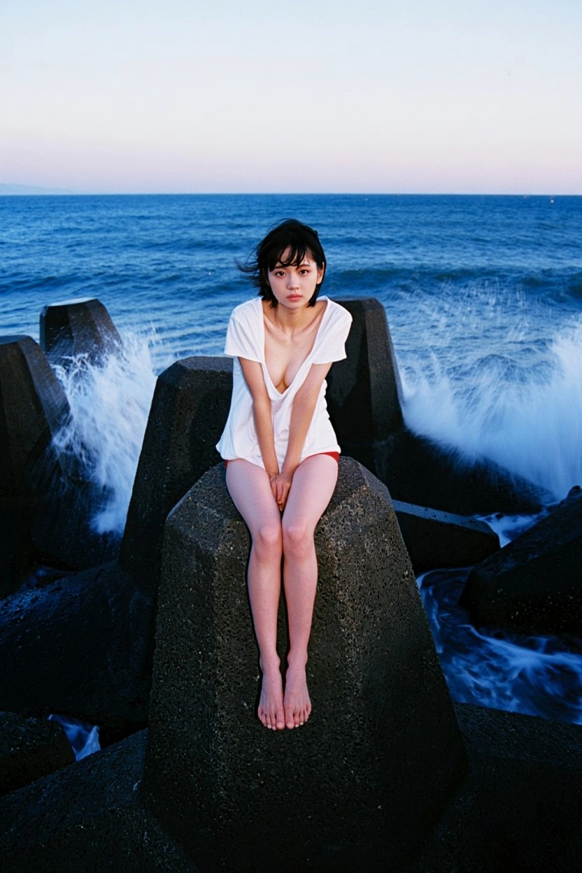 女人坐在海洋前面的岩石上。