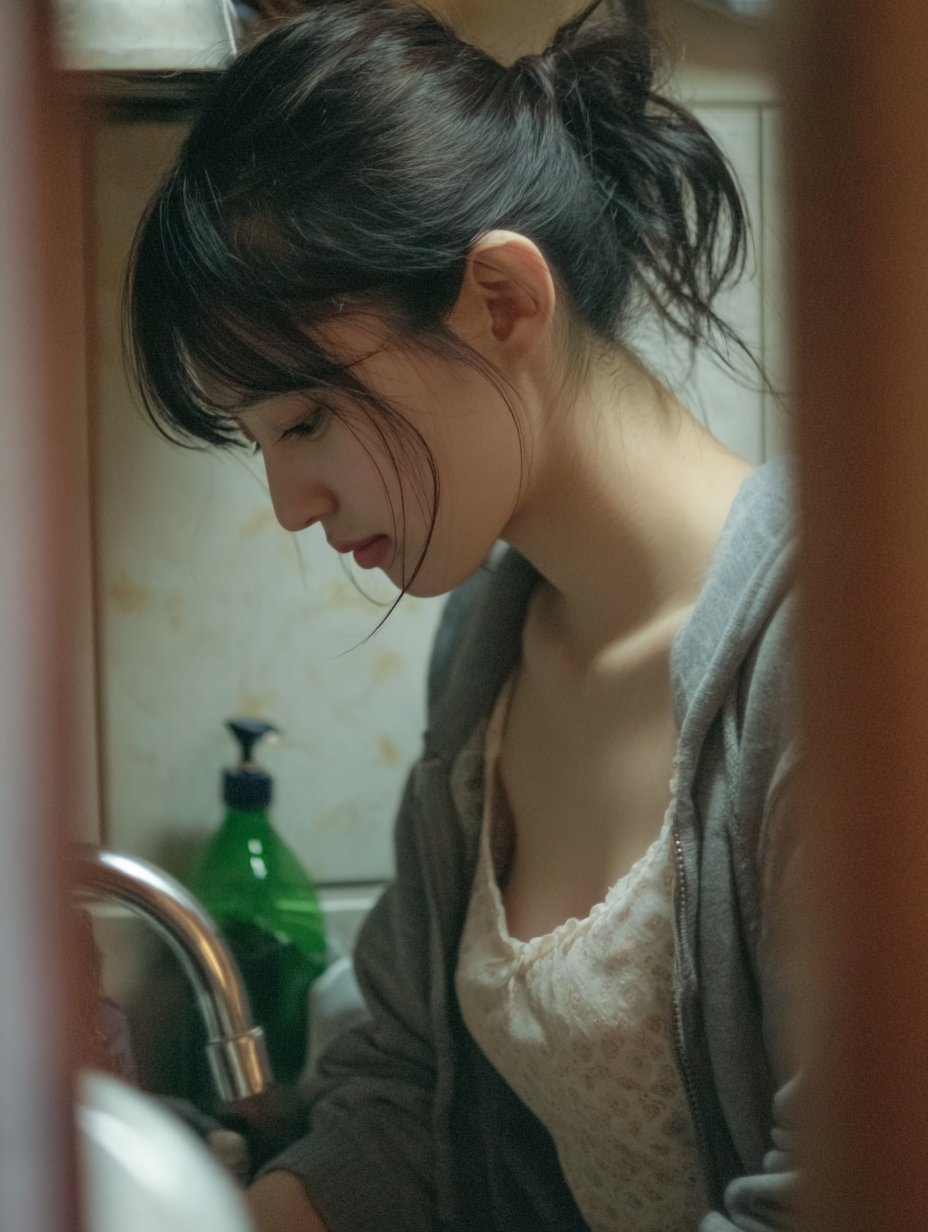 一位戴着一只小马尾巴和一件灰色的衬衫的女人站在水槽前面。