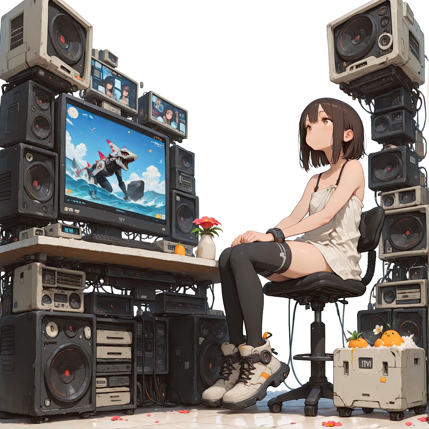 女孩坐在电脑前,桌子上有一台电视机。