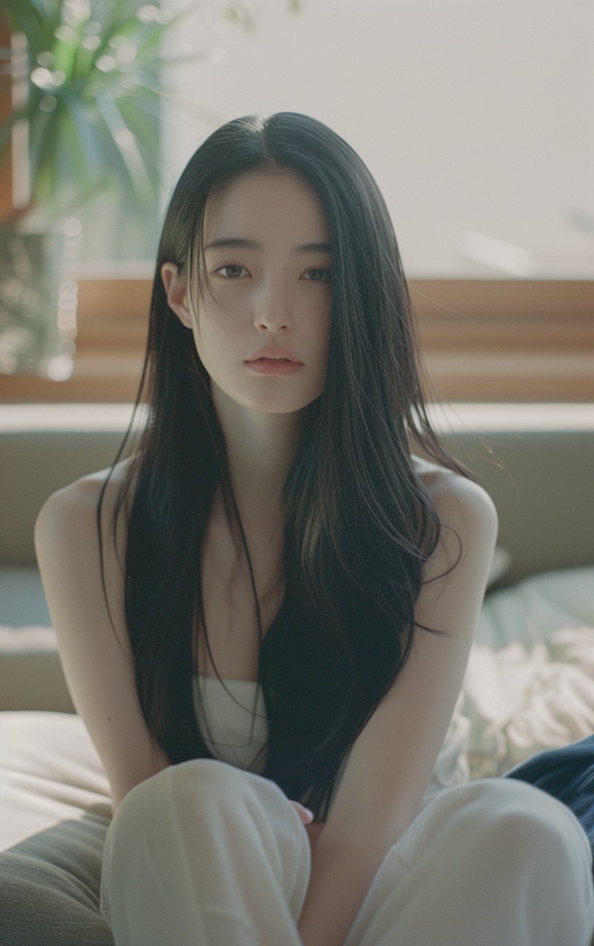 长黑头发的女人坐在沙发上。